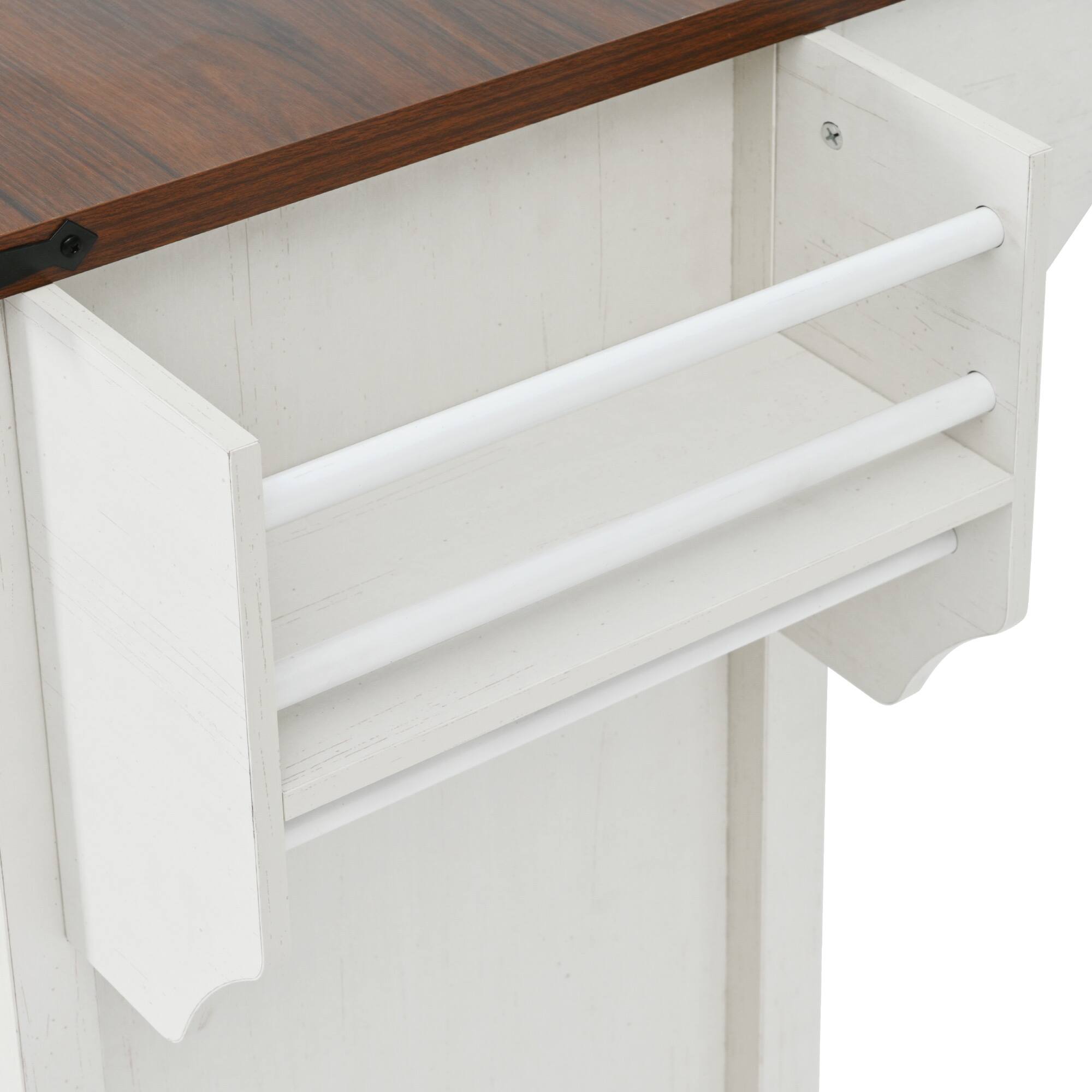 Alt View 6. PexFix - 58" Farmhouse Kitchen Island Cart with Sliding Barn Door, Drop Leaf and 5-Wheel Mobility - White.