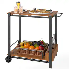 Outsunny - Acacia Wood Outdoor Bar Cart, Rolling 2-Tier Outdoor Serving Cart with 3 Bottle Holders and 2 Wheels for Kitchen - Teak