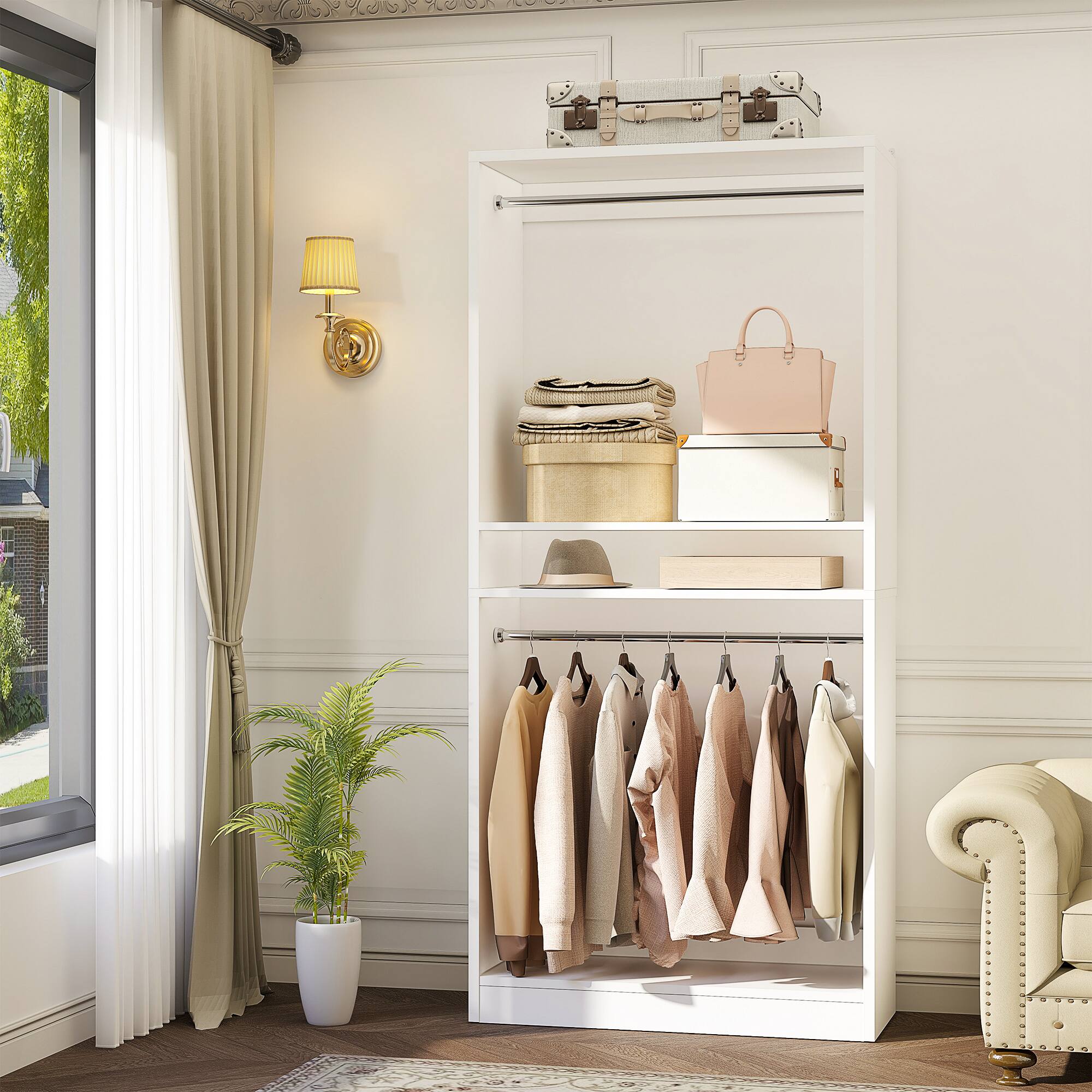 Aheaplus - 36'' Upgraded Closet System, 3FT Freestanding Closet Organizer with 2 Hanging Rods and Adjustable Shelves, 600 LBS Load - White