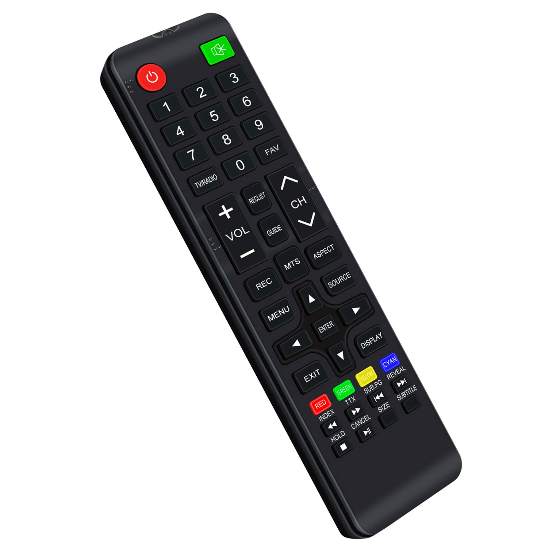 Sure, here is the corrected and grouped text from the image:

**Top Row:**
- Power (red button)
- 1 2 3
- 4 5 6
- 7 8 9
- 0

**Second Row:**
- TV/RADIO
- FAV
- CH (up and down arrows)

**Third Row:**
- VOL (up and down arrows)
- REC
- GUIDE
- MTS
- ASPECT

**Fourth Row:**
- SOURCE
- MENU
- ENTER
- DISPLAY (cyan button)

**Fifth Row:**
- EXIT (yellow button)
- REVEAL (blue button)
- SUB.PG (green button)
- SUBTITLE (red button)

**Bottom Row:**
- RED INDEX
- GREEN TX
- YELLOW SIZE
- CANCEL
- HOLD

**Additional Buttons:**
- Cyan button (DISPLAY)
- Blue button (REVEAL)
- Green button (SUB.PG)
- Red button (SUBTITLE)