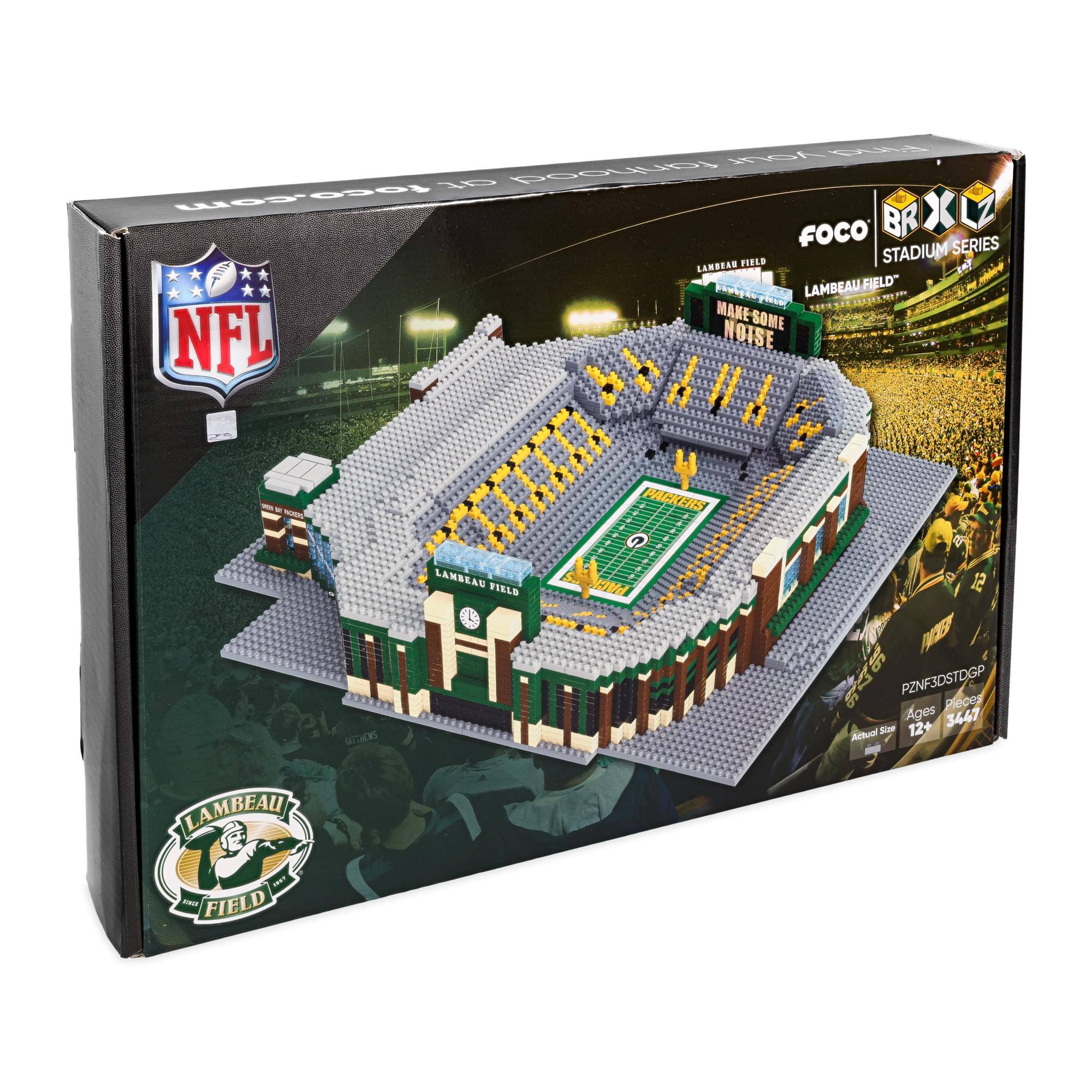 Lambeau Field  
Make Some Noise  
FOCO  
BRICKL  
STADIUM SERIES  
Lambeau Field  
PZNF3STDGP  
Pieces: 3447  
Ages: 12+  
Actual Size: 12"  
Lambeau Field