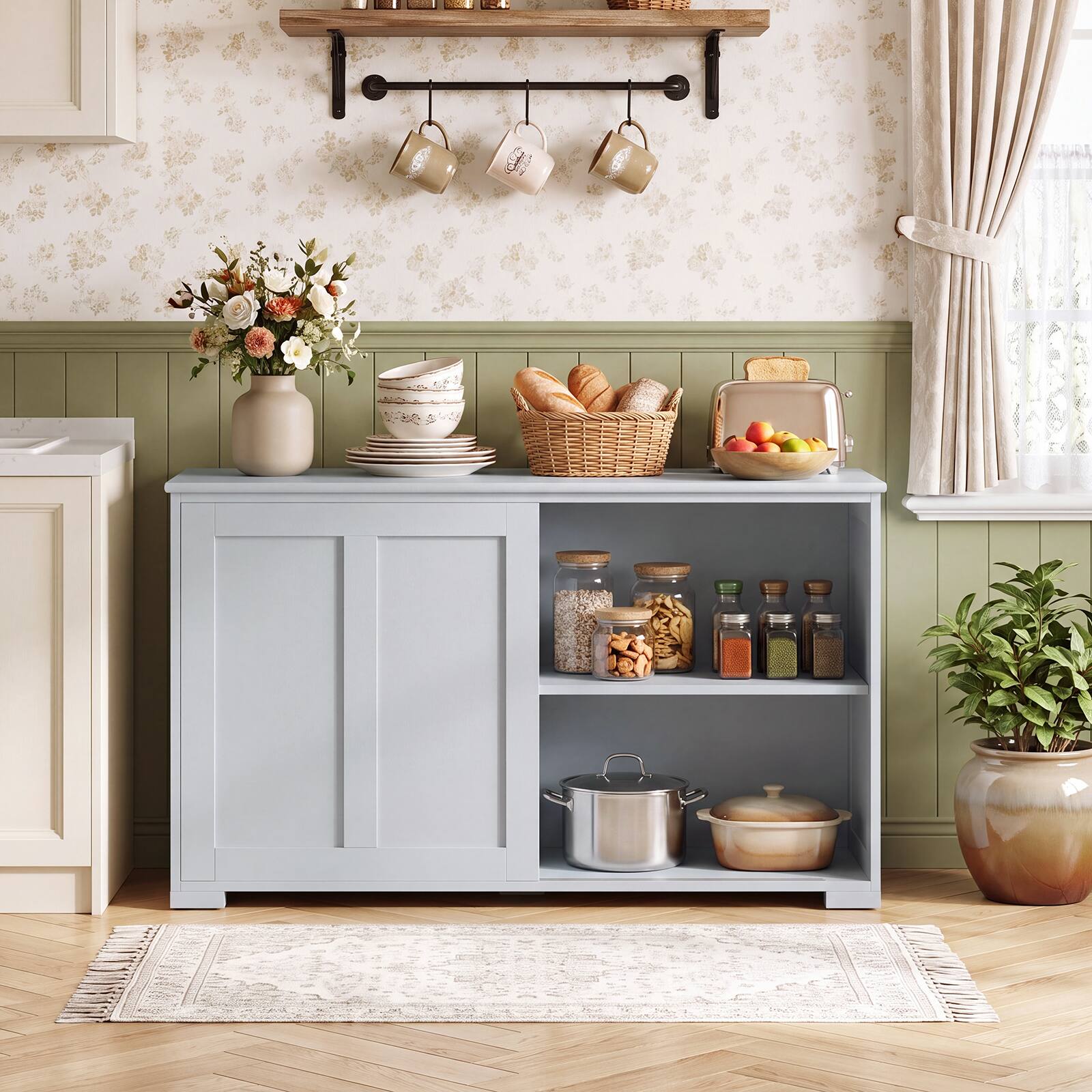Alt View 3. Costway - Stackable Buffet Sideboard Set of 2 with Sliding Doors & Adjustable Shelf - Gray.