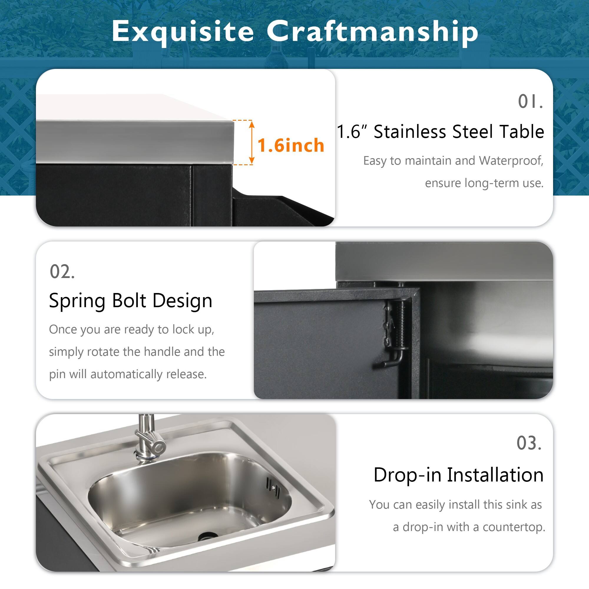 Exquisite Craftmanship

01. 1.6" Stainless Steel Table
- Easy to maintain and waterproof, ensuring long-term use.

02. Spring Bolt Design
- Once you are ready to lock up, simply rotate the handle and the pin will automatically release.

03. Drop-in Installation
- You can easily install this sink as a drop-in with a countertop.
