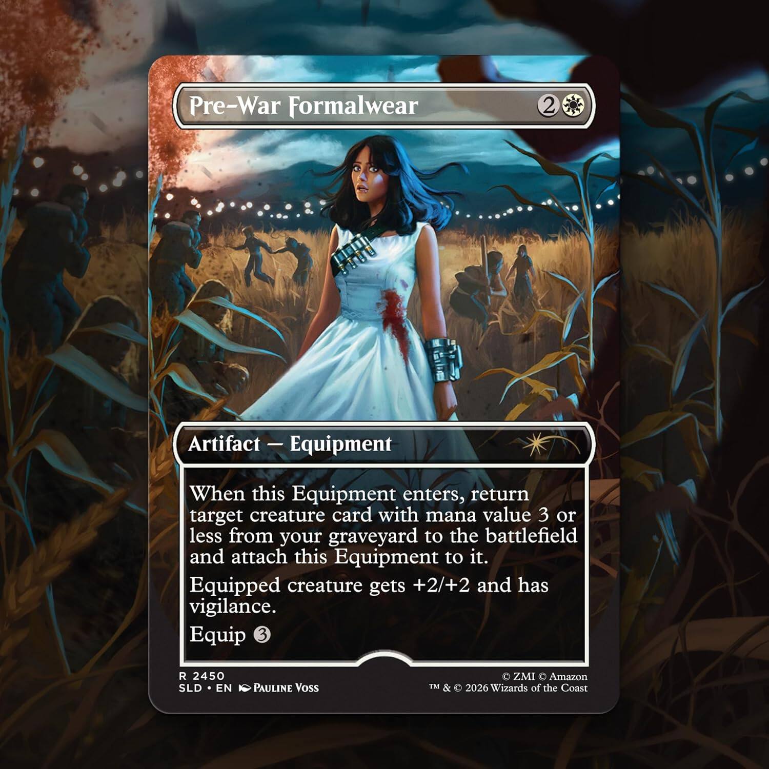 Pre-War Formalwear  
2  
Artifact — Equipment  

When this Equipment enters the battlefield, return target creature card with mana value 3 or less from your graveyard to the battlefield and attach this Equipment to it.  
Equipped creature gets +2/+2 and has vigilance.  
Equip 3  

R 2450  
SLD • EN  
PAULINE Voss  
TM & © 2026 Wizards of the Coast