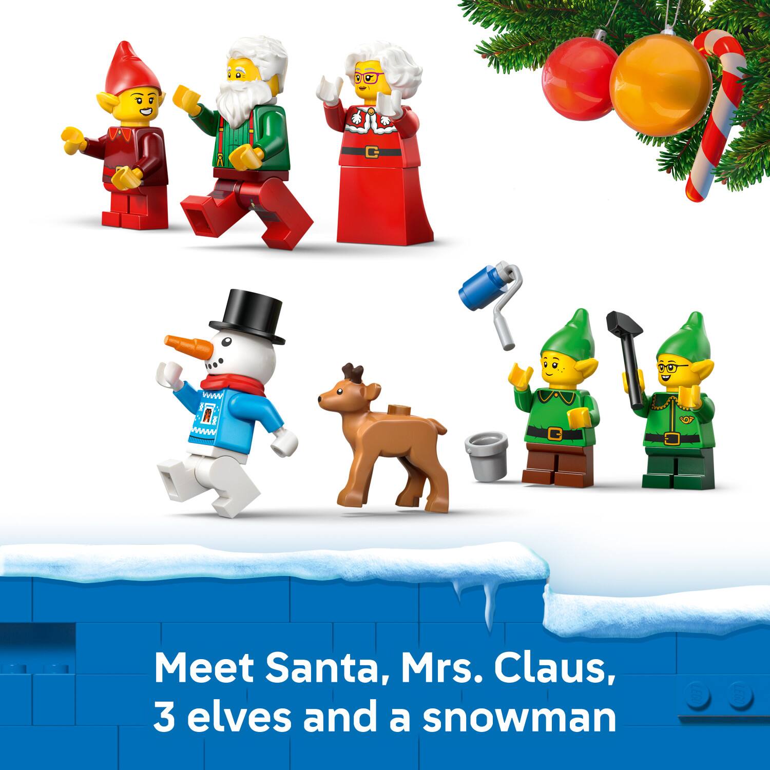 Meet Santa, Mrs. Claus, 3 elves and a snowman