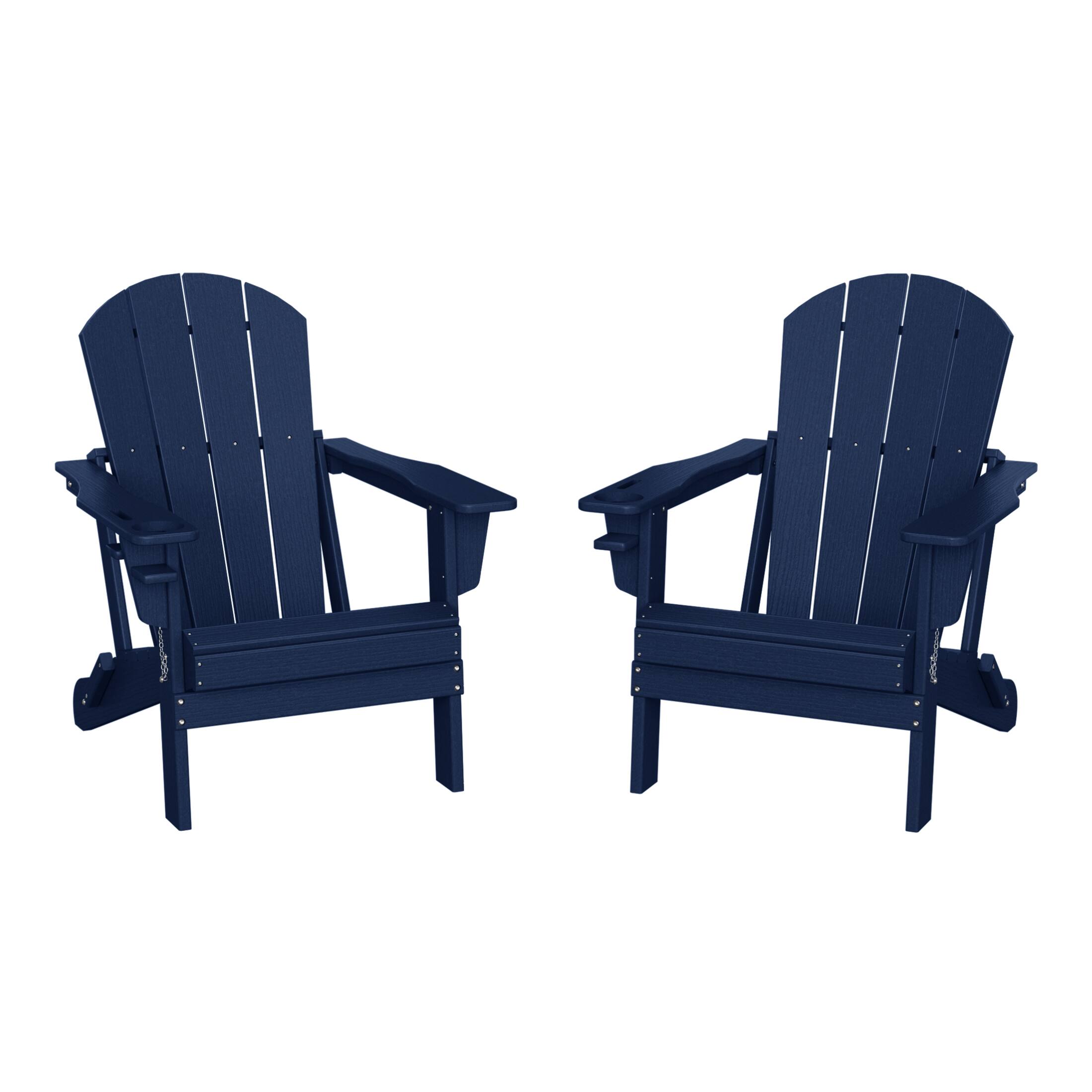 Front. WestinTrends - WestinTrends Nantucket Outdoor Patio HDPE Resin Folding Adirondack Chairs With Cup Holder and Phone Holder (Set of Two) - Navy Blue.