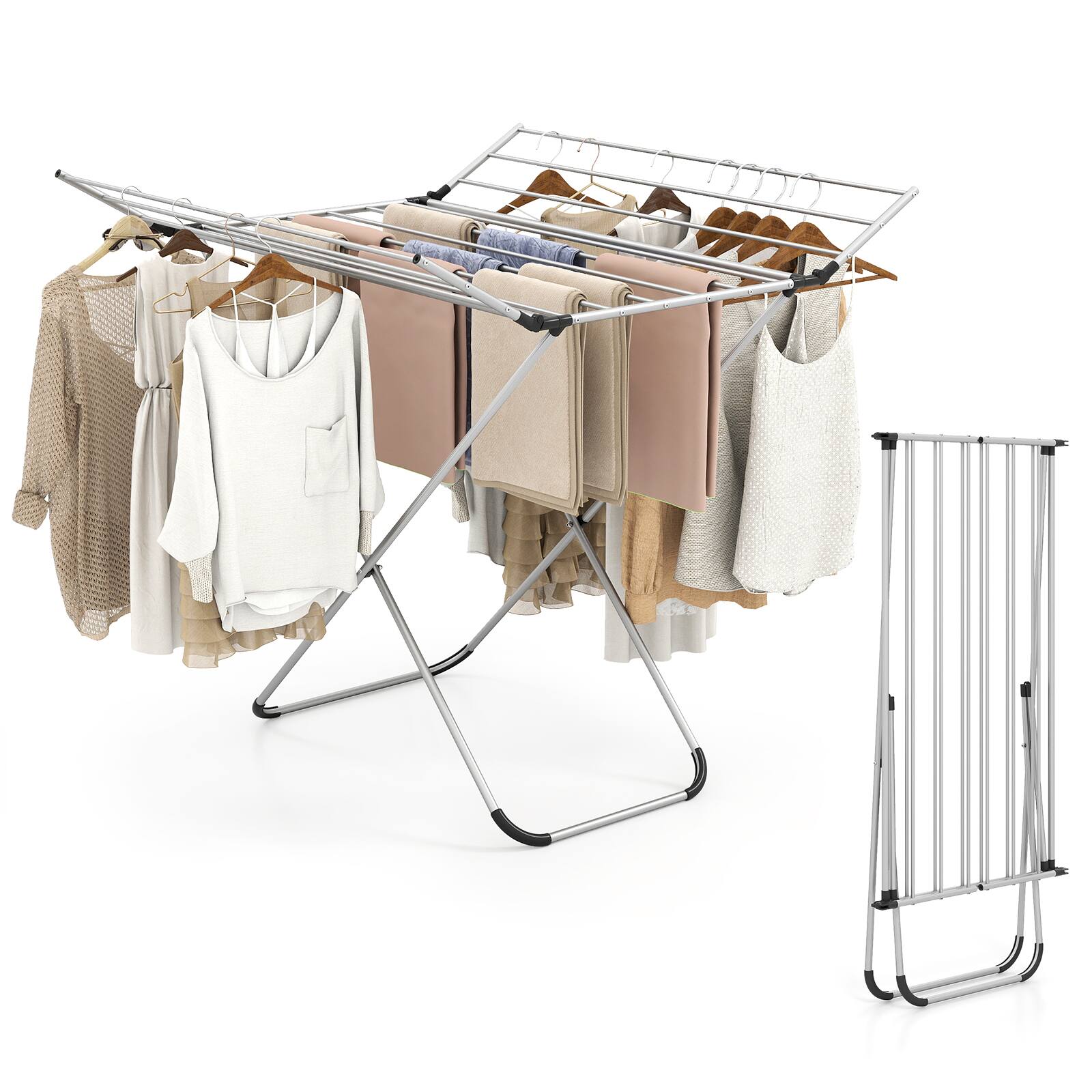 Front. Gymax - Gymax Folding Aluminum Clothes Drying Rack w/2 Side Wings for Clothes Towels Underwear - Silver.