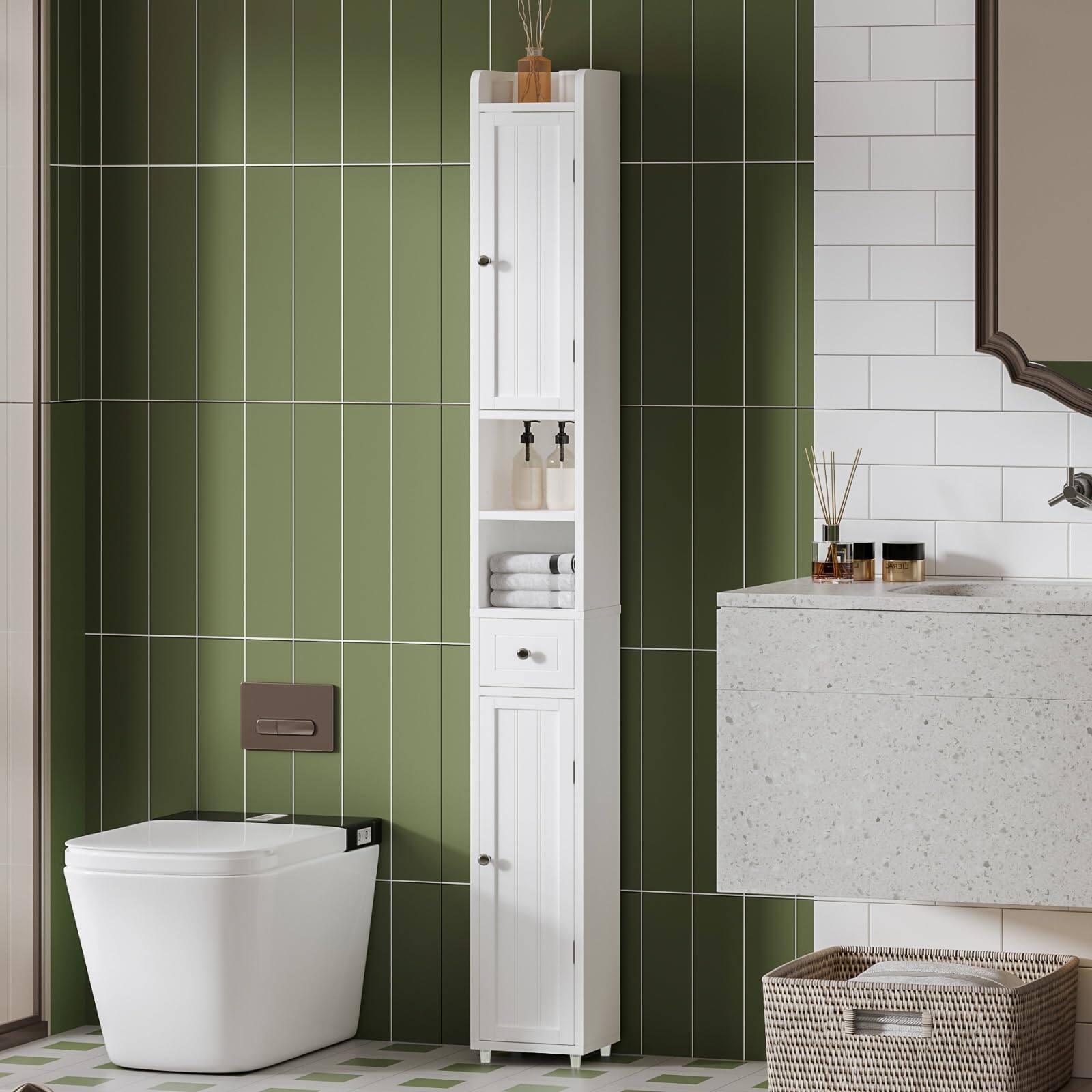 Alt View 6. Hirose Alice - Narrow Storage Cabinet With Shelves Tall 2 Doors And 1 Drawer Cupboard For Small Spaces designed newly - White.