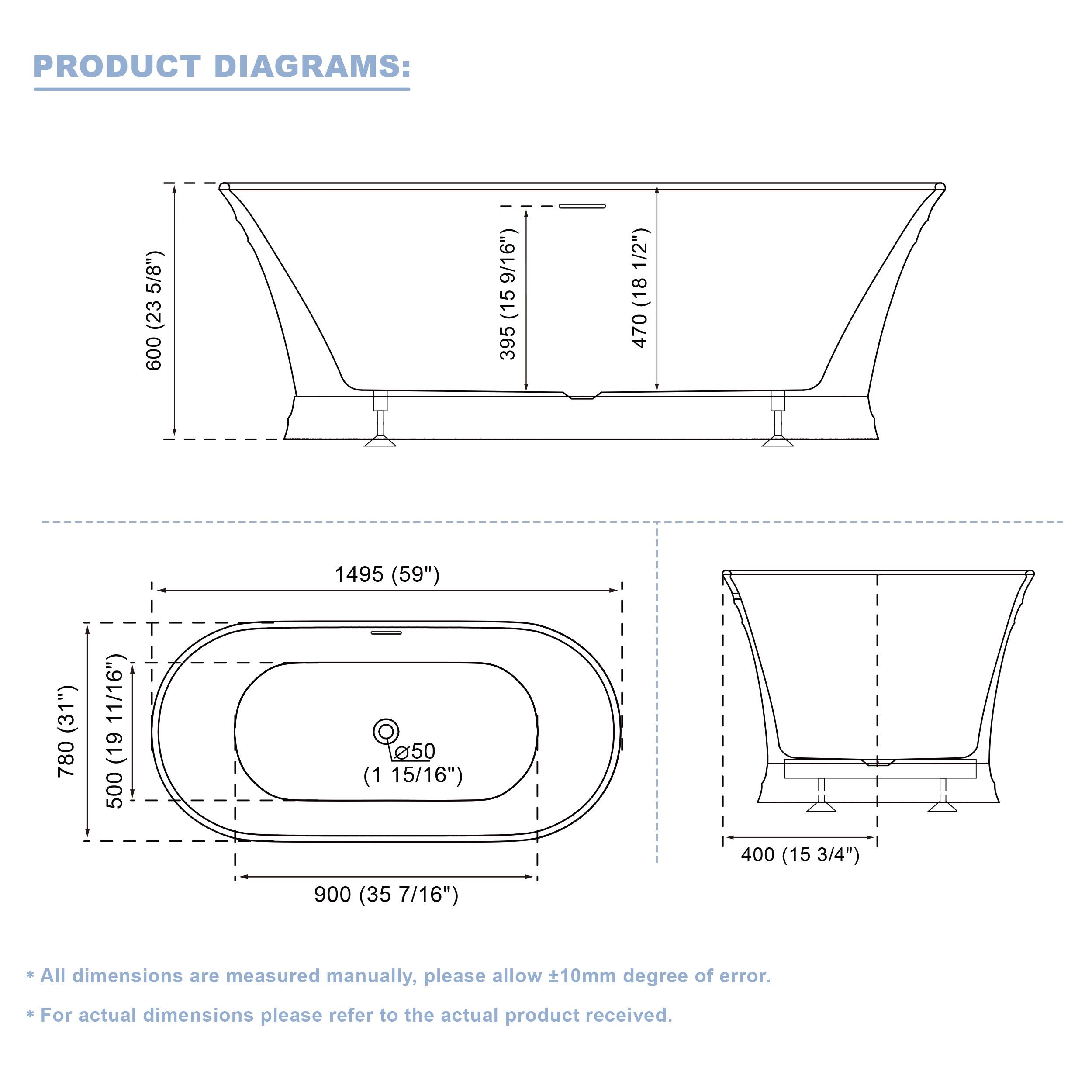 PRODUCT DIAGRAMS:  
- 600 (23 5/8")  
- 395 (15 9/16")  
- 470 (18 1/2")  
- 1495 (59")  
- 780 (31 11/16")  
- 900 (35 7/16")  
- 400 (15 3/4")  

All dimensions are measured manually, please allow 10mm degree of error.  
For actual dimensions please refer to the actual product received.