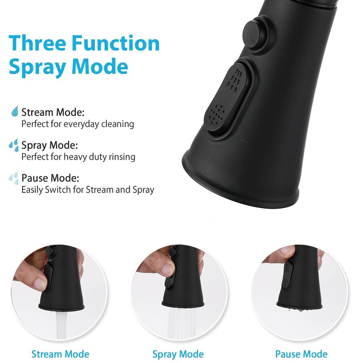Three Function Spray Mode

Stream Mode: Perfect for everyday cleaning  
Spray Mode: Perfect for heavy duty rinsing  
Pause Mode: Easily Switch for Stream and Spray

Stream Mode  
Spray Mode  
Pause Mode