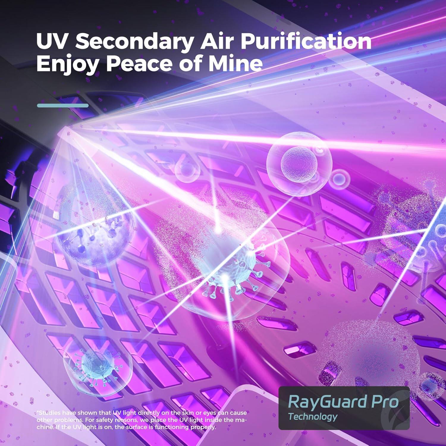 UV Secondary Air Purification  
Enjoy Peace of Mine  

Studies have shown that UV light directly on the skin or eyes can cause other problems. For safety reasons, we place the UV light inside the machine. If the UV light is on, the surface is functioning properly.  

RayGuard Pro Technology