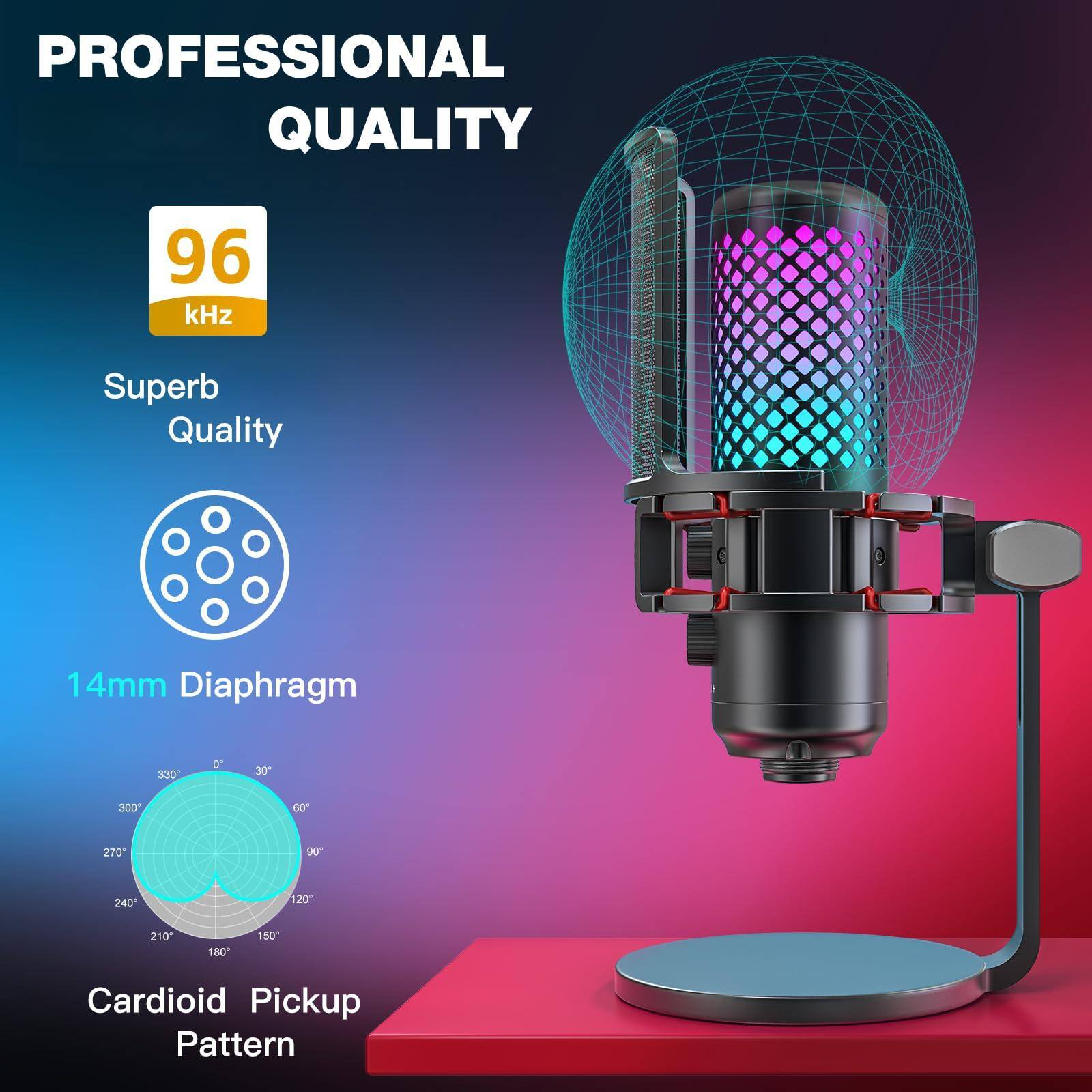 PROFESSIONAL QUALITY

96 kHz

Superb Quality

14mm Diaphragm

Cardioid Pickup Pattern