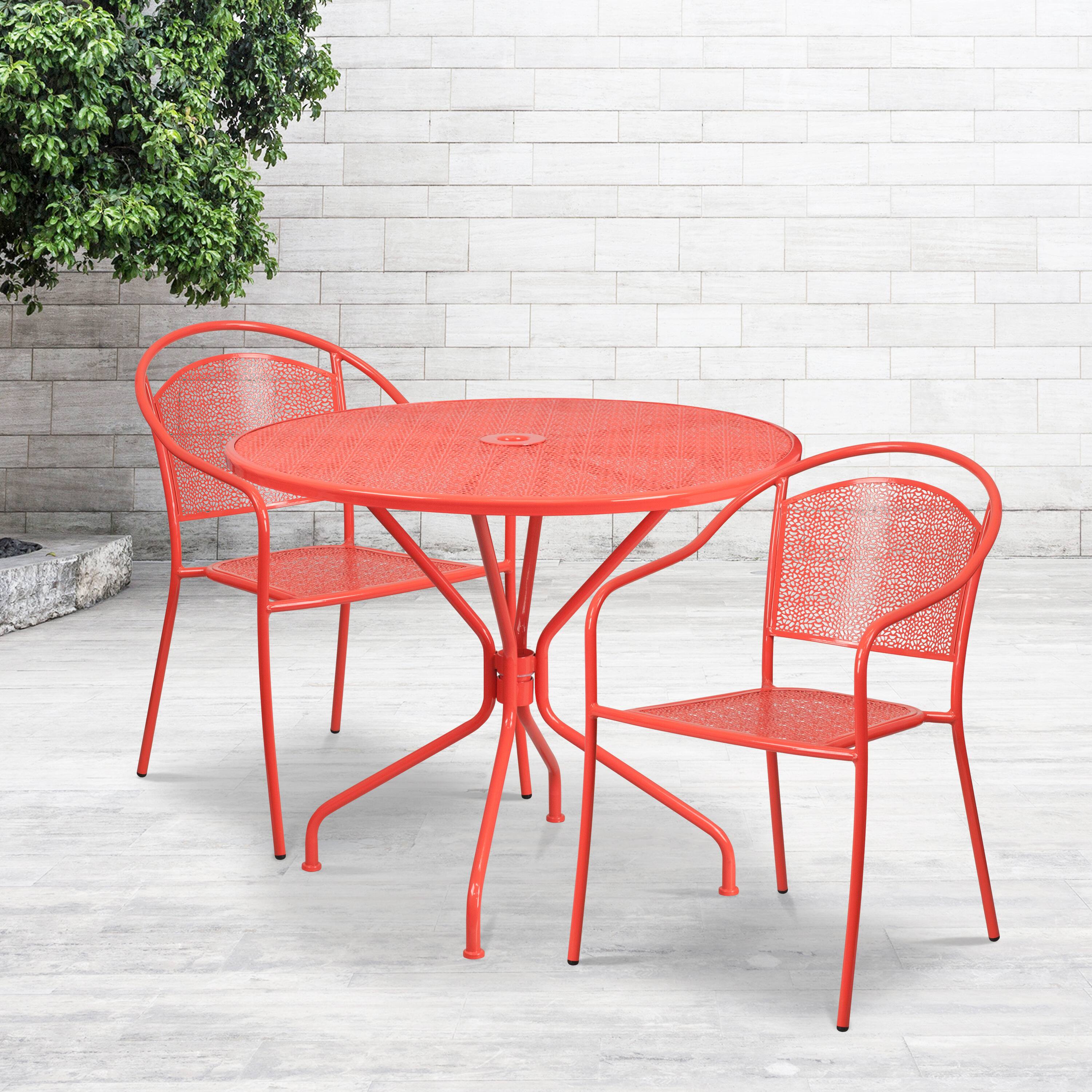 Alt View 1. Emma + Oliver - Commercial 35.25" Round Metal Garden Patio Table Set w/ 2 Round Back Chairs - Coral.