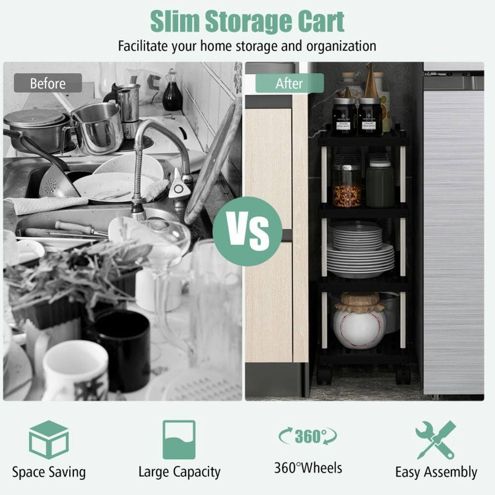 Slim Storage Cart  
Facilitate your home storage and organization  

Before After VS  

Space Saving  
Large Capacity  
360° Wheels  
Easy Assembly
