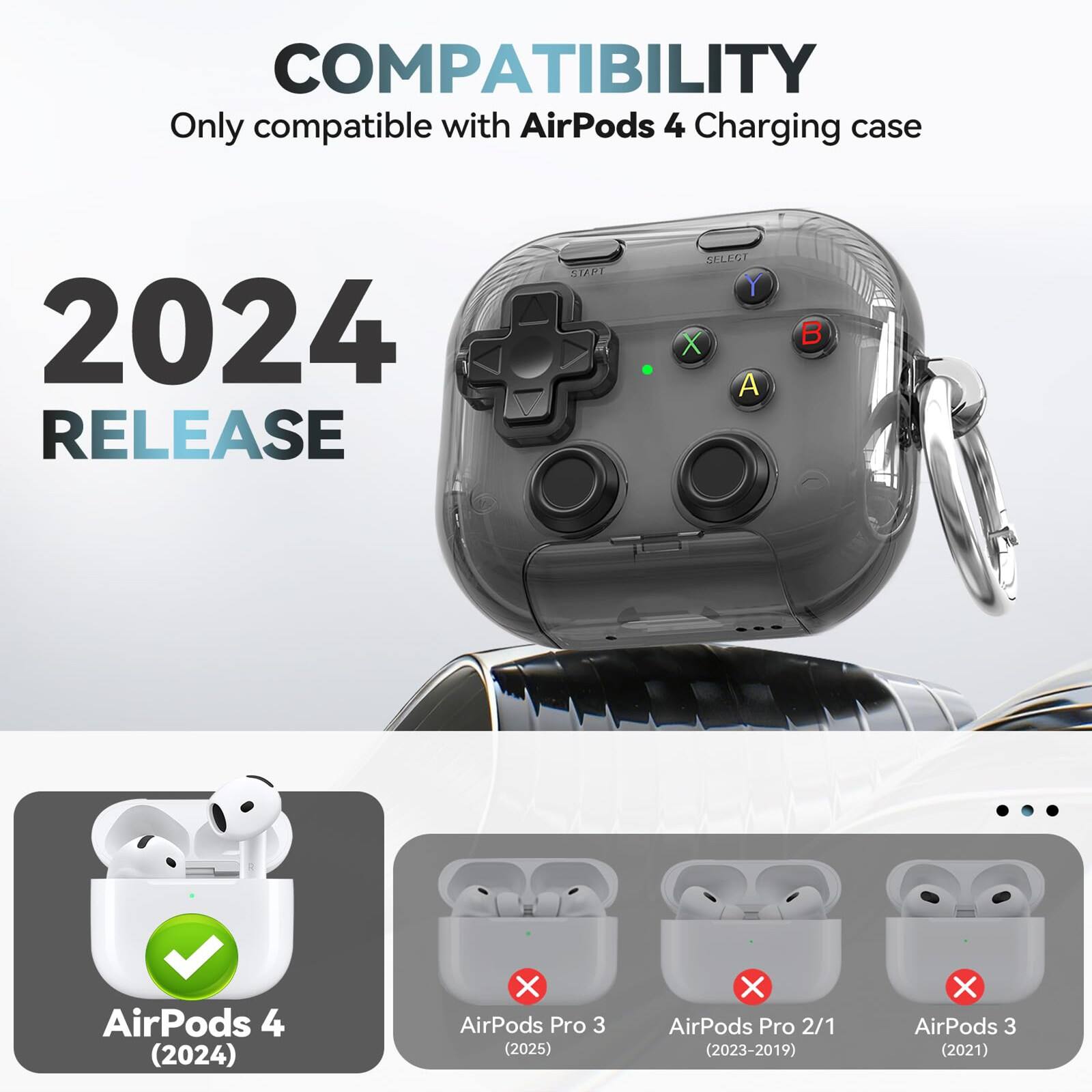 COMPATIBILITY  
Only compatible with AirPods 4 Charging case  

2024 RELEASE  

AirPods 4 (2024) ✓  
AirPods Pro 3 (2025) ✗  
AirPods Pro 2/1 (2023-2019) ✗  
AirPods 3 (2021) ✗