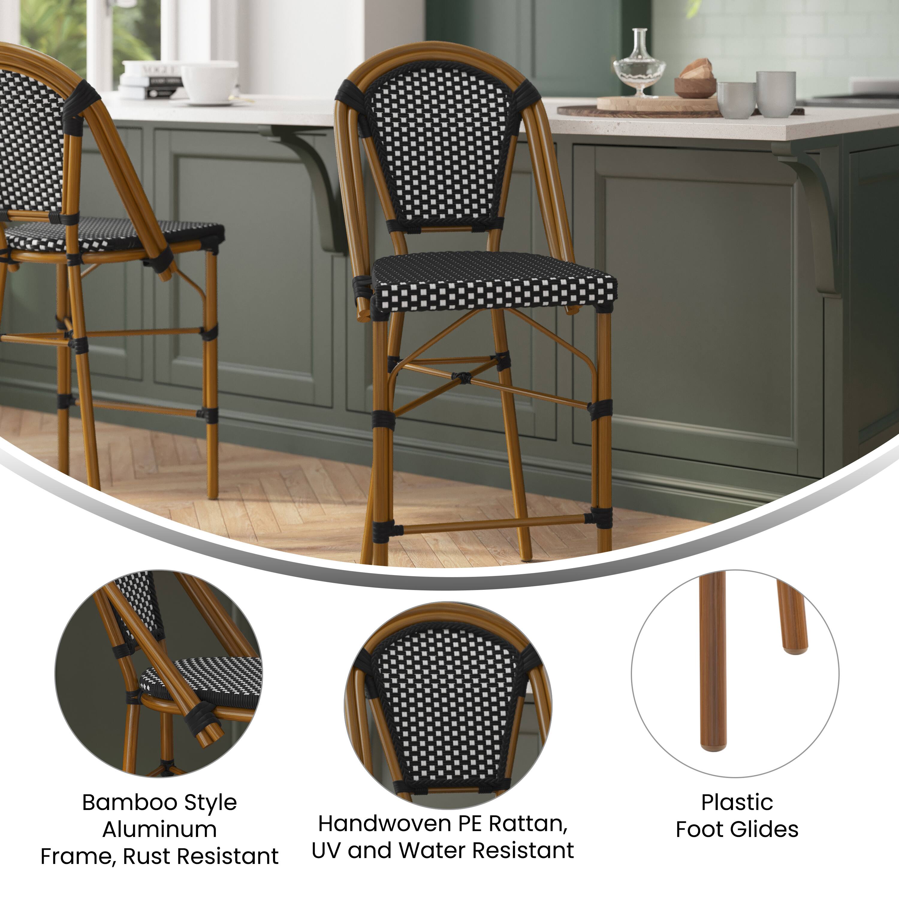 Bamboo Style Aluminum Handwoven PE Rattan, Frame, Rust Resistant UV and Water Resistant Plastic Foot Glides