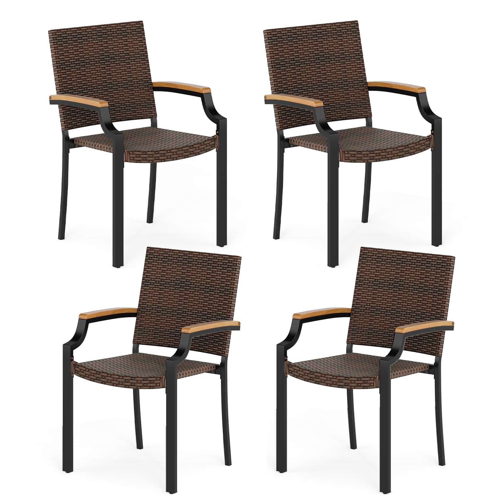 Gymax - Stacking Wicker Chairs Set of 4 w/Acacia Wood Armrests & Metal Frame Outdoor - Brown