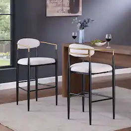 HTUTWOO - Bar Stools Set of 2 - Upholstered Boucle Barstools with Backs & Sturdy Iron Legs, Ideal for Kitchen Island & Home Bar - Beige