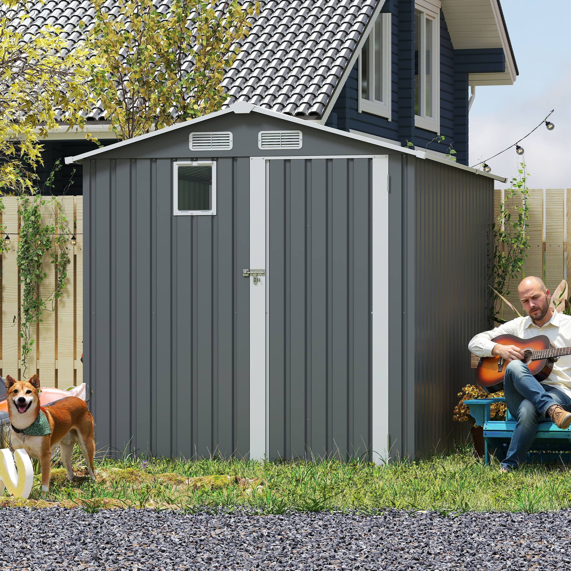 Left. Anysun - 6x8ft Outdoor Steel Storage Shed with Lockable Doors, Clear Window & Air Vents Backyard or Patio - Dark Gray.