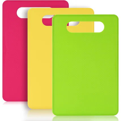 Front. PARKER SLATER - 3-Pack Plastic Cutting Boards, BPA-Free, Color-Coded, Non-Slip, Dishwasher Safe.