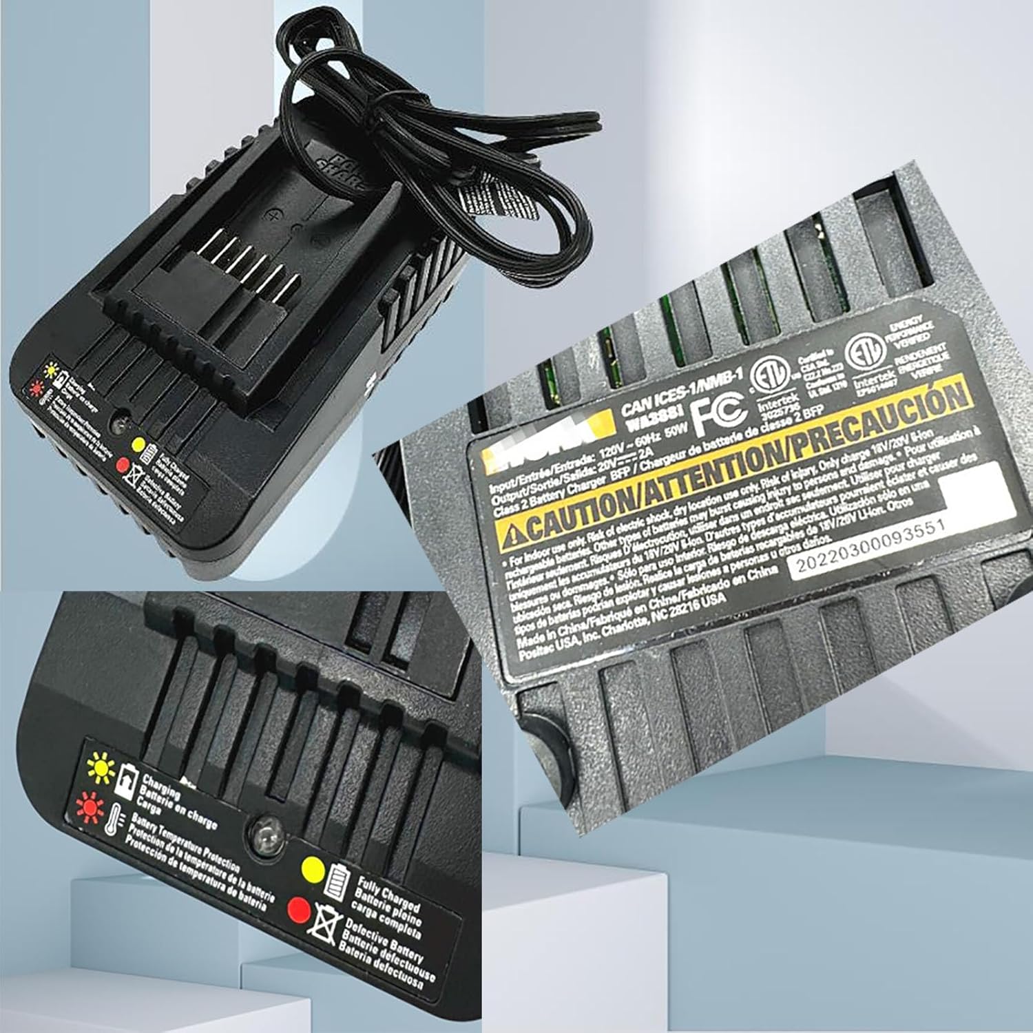 The text on the image is in Spanish, so I cannot group and correct it. However, I can provide a general explanation of the content. The image shows a battery pack with a warning label, which indicates that it is a product of China. The label also warns about the risk of electric shock and advises users to read the instructions before using the product. The image is a collage of different views of the battery pack, including a close-up view of the label.