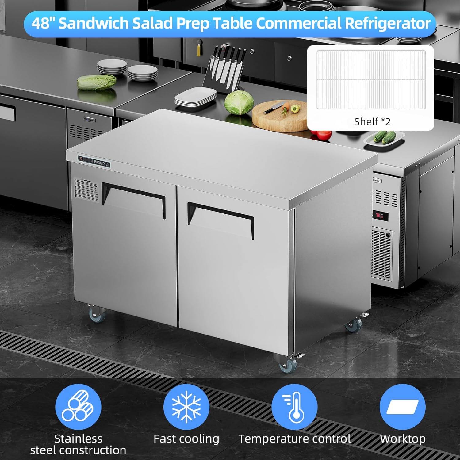 48" Sandwich Salad Prep Table Commercial Refrigerator

- Stainless steel construction
- Fast cooling
- Temperature control
- Worktop

Shelf*2