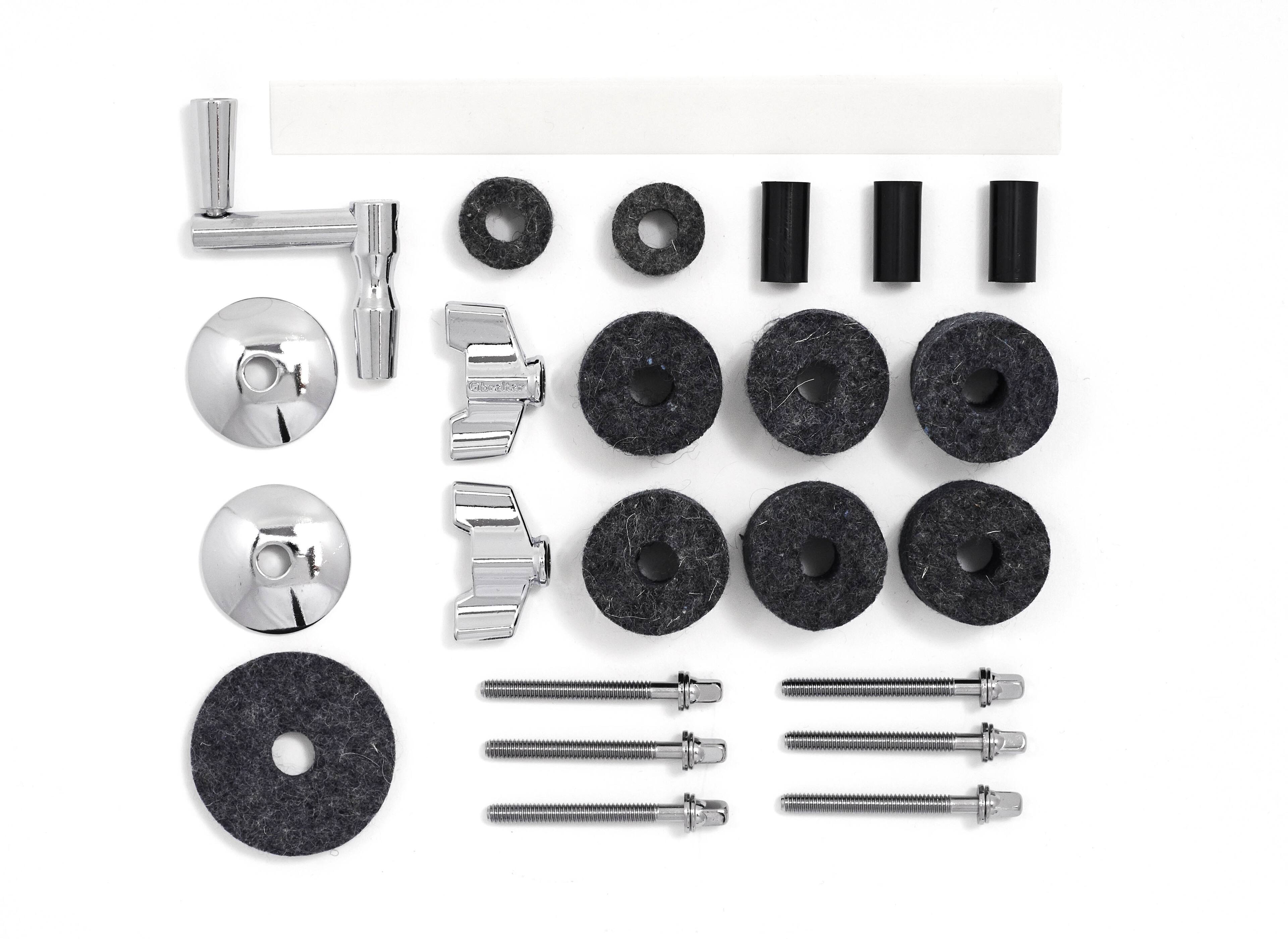 Front. Gibraltar Hardware - Drum Set Tech Kit, 29-Piece Drum Hardware Accessory Pack with Tension Rods, Cymbal Felts, Sleeves, & More.