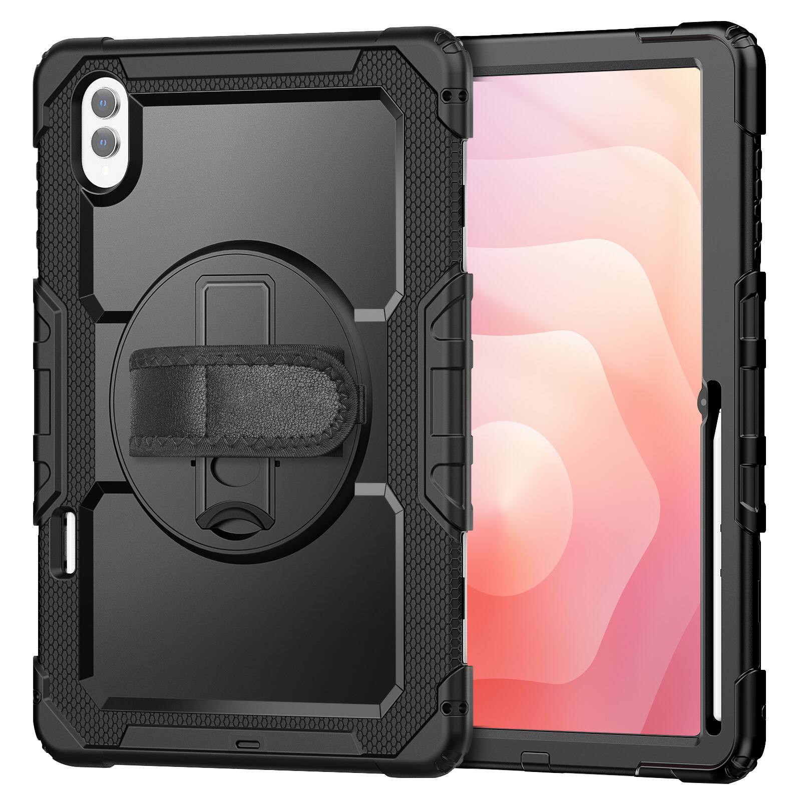 Angle. Dteck - For Samsung Galaxy Tab S11 Ultra 2025 14.6'' Shockproof Three-Layer Stand Shoulder Strap Case Built-in Screen Protector - Black.