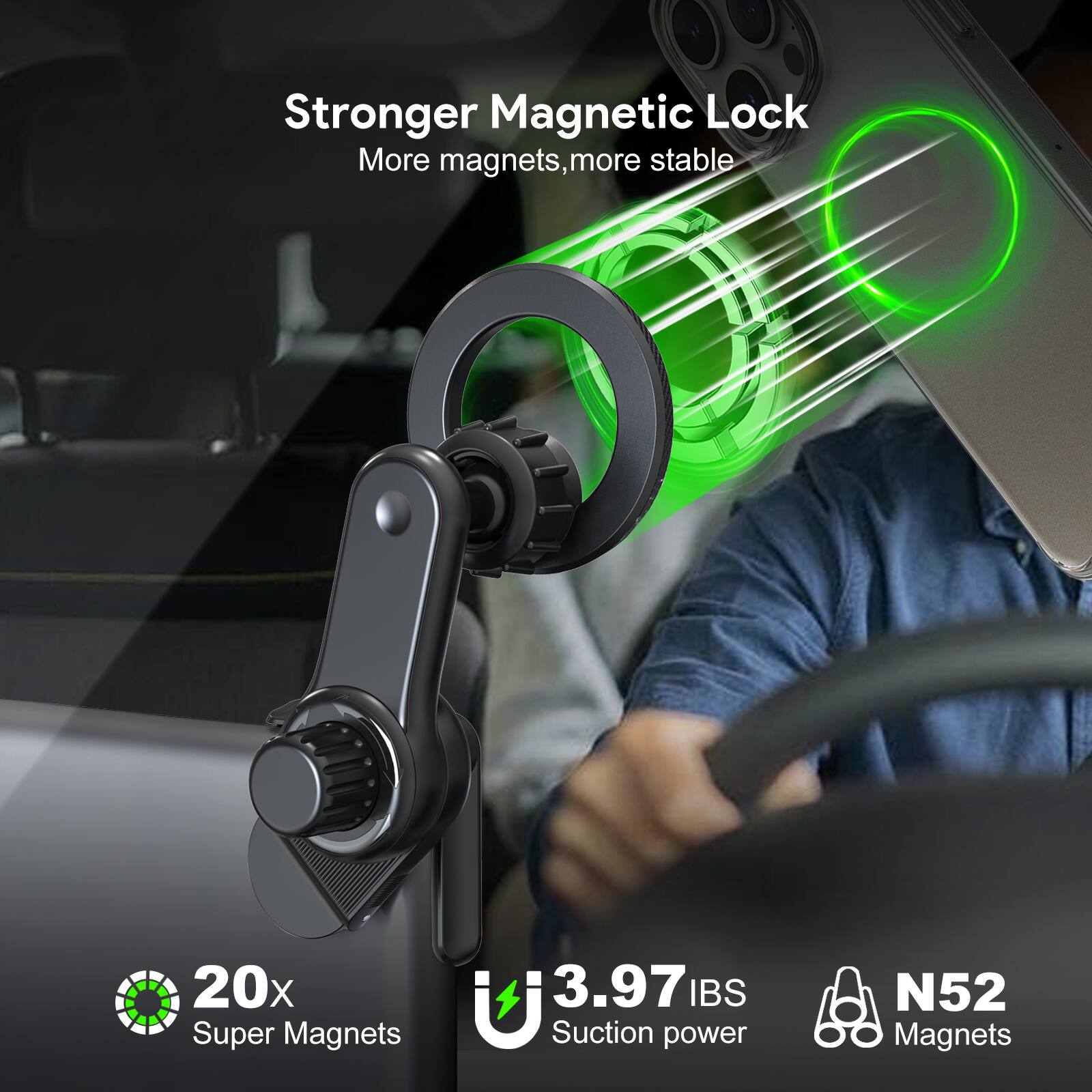 Stronger Magnetic Lock, More magnets, more stable, 20x Super Magnets, 3.97 IBS Suction power, N52 Magnets