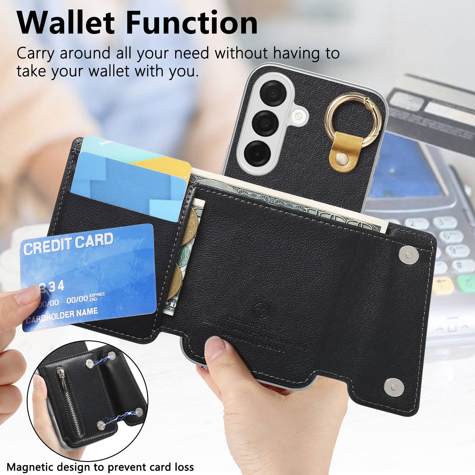 Wallet Function  
Carry around all your need without having to take your wallet with you.  

CREDIT CARD  
34 EXPIRES 00/00 END 00/00 CARDHOLDER NAME  

Magnetic design to prevent card loss