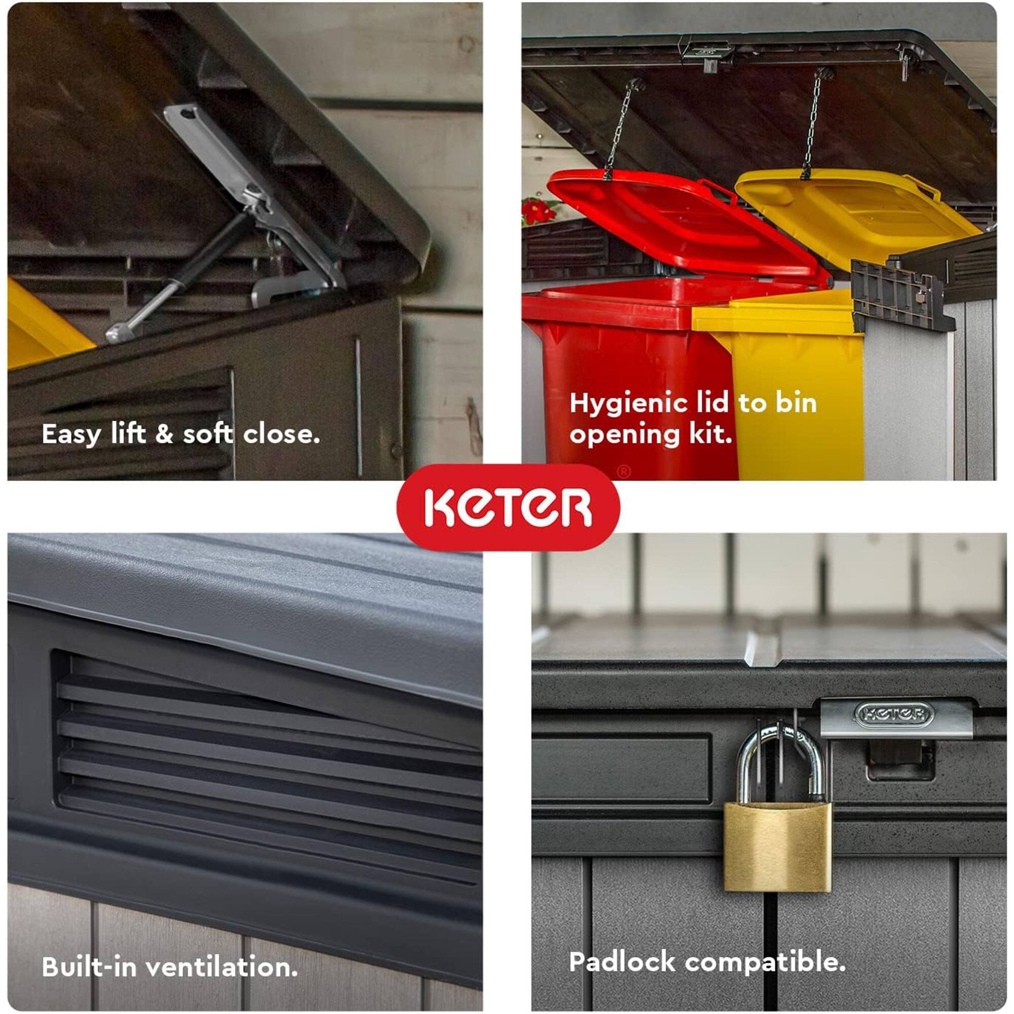 Easy lift & soft close.  
Hygienic lid to bin opening kit.  
Built-in ventilation.  
Padlock compatible.