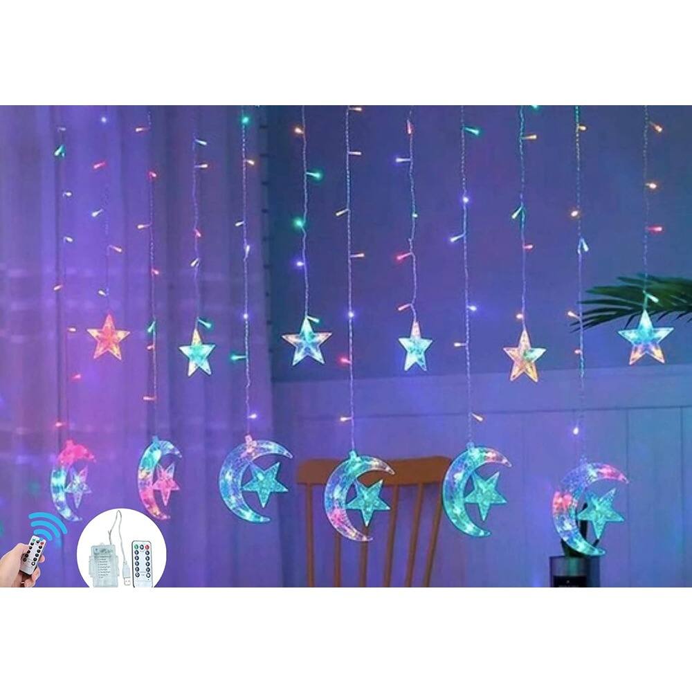 Alt View 1. MOSZAR LLC - Star Moon LED Curtain Lights, USB/Battery Window Hanging Decor.