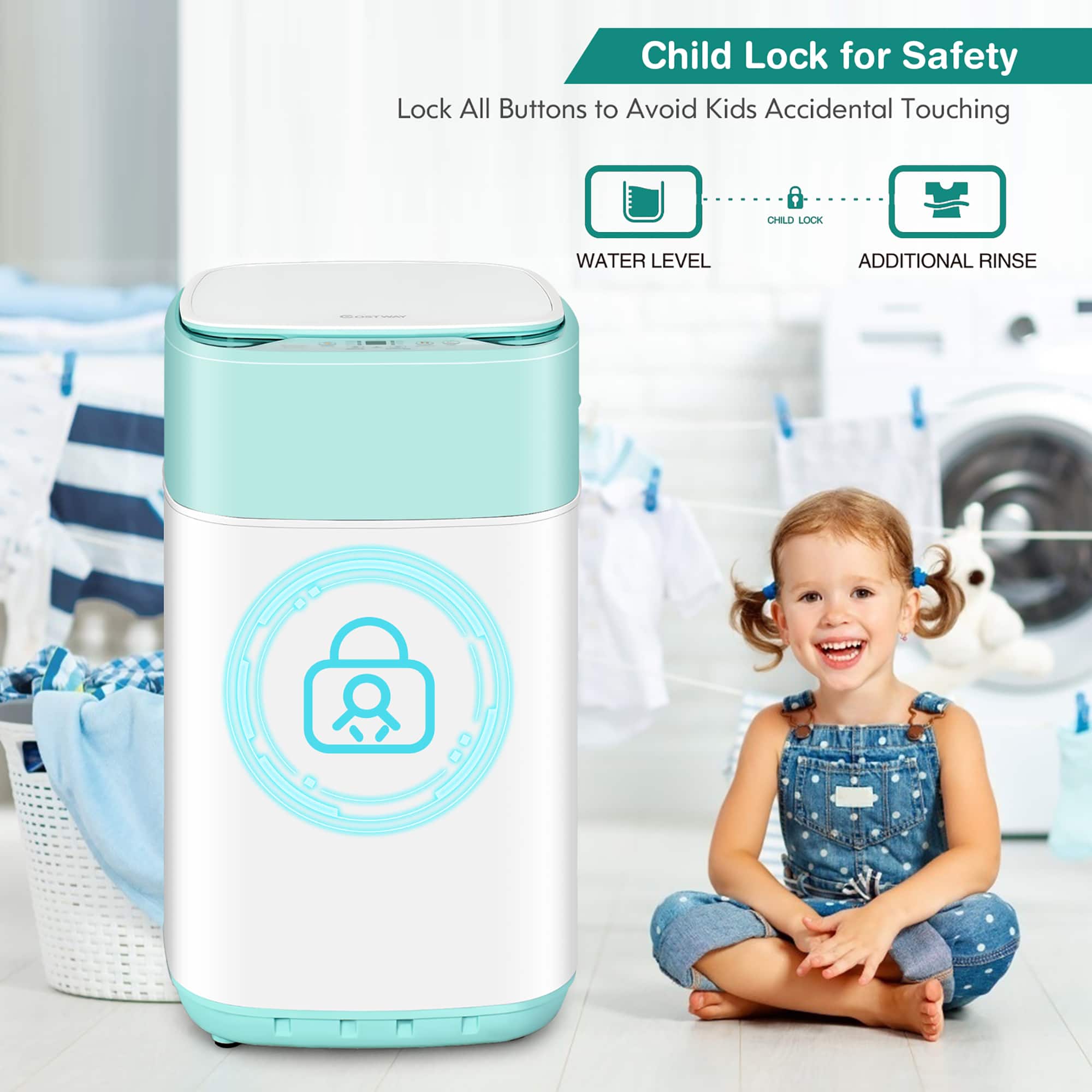 Child Lock for Safety: Lock All Buttons to Avoid Kids Accidental Touching. Child Lock Water Level: Additional Rinse.