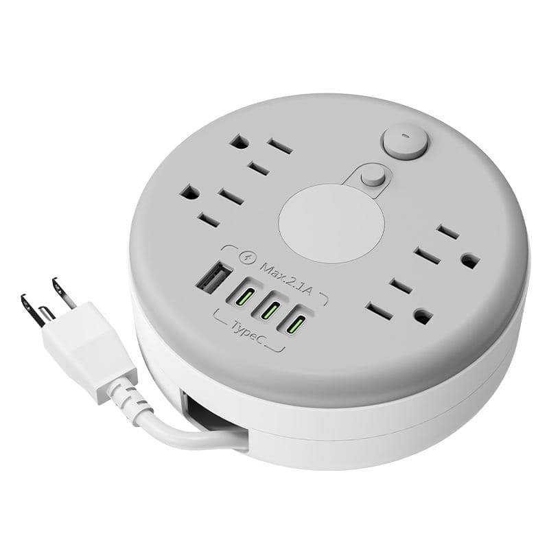 Cluzine - Round Multi-Function Power Strip with Extension Cord, 4 Outlets, USB Charging & LED Night Light - White
