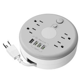 Cluzine - Round Multi-Function Power Strip with Extension Cord, 4 Outlets, USB Charging & LED Night Light - White