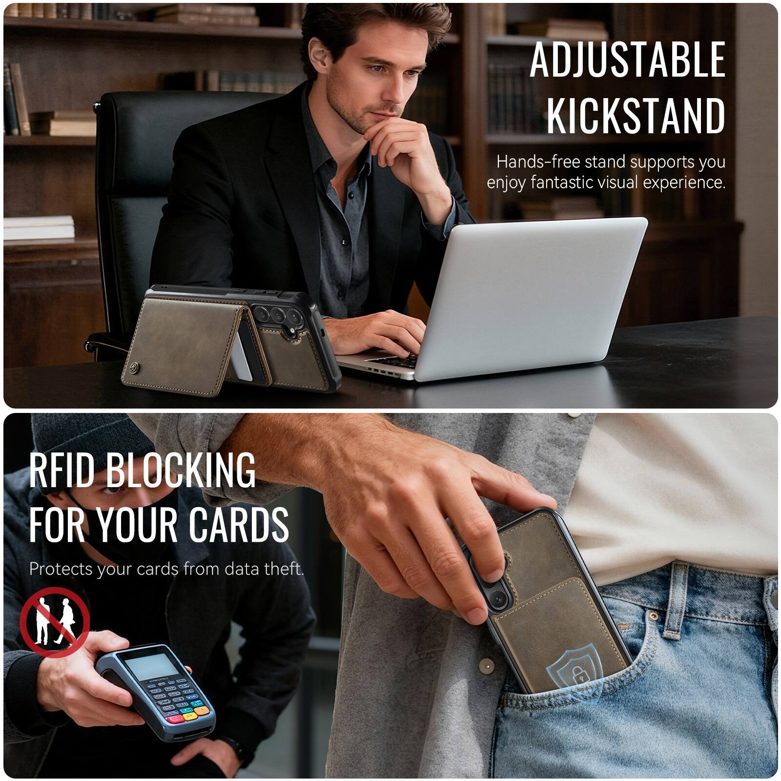 ADJUSTABLE KICKSTAND  
Hands-free stand supports you enjoy fantastic visual experience.  

RFID BLOCKING FOR YOUR CARDS  
Protects your cards from data theft.