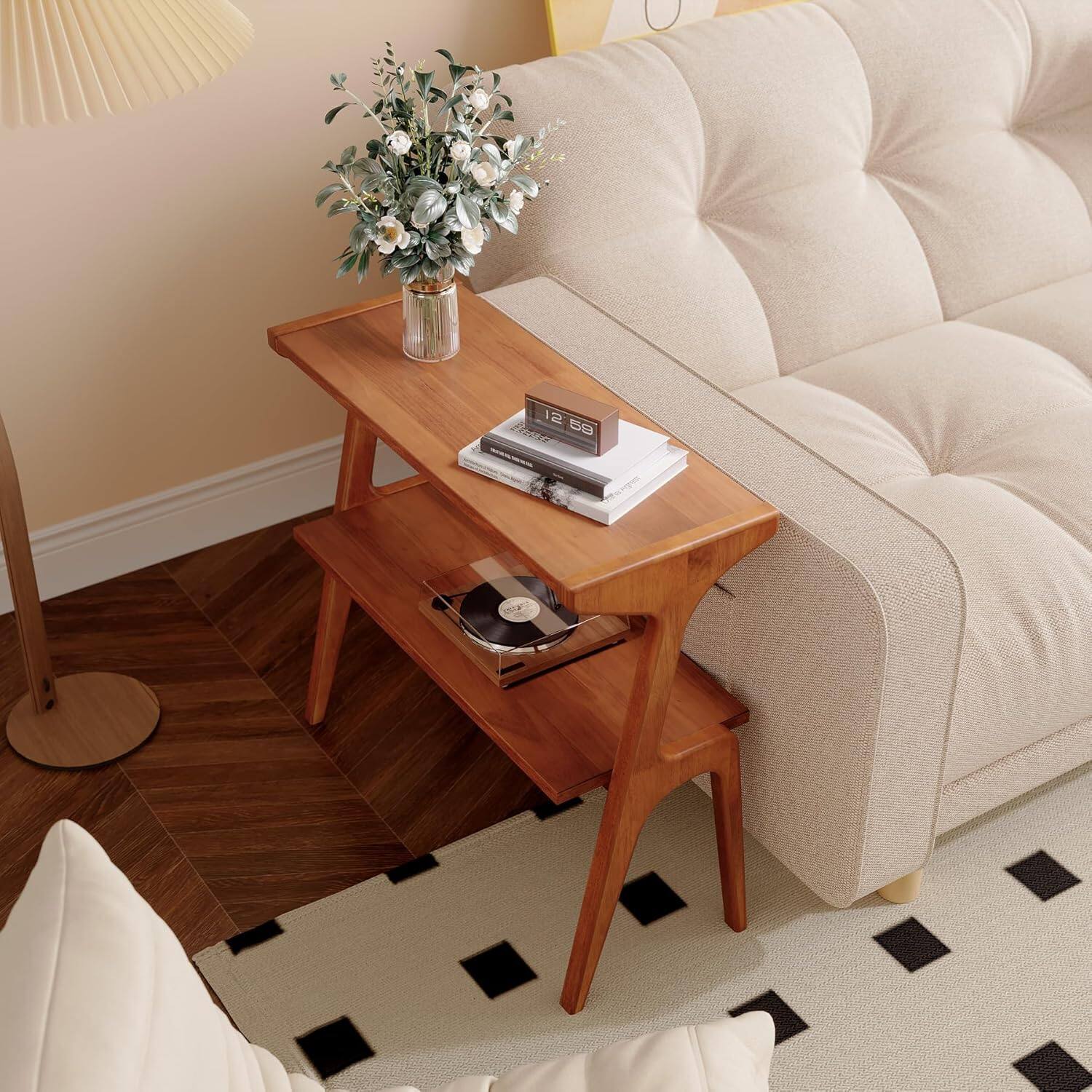 Tribesigns Solid Wood End Table with Storage Shelves, Space Saving ...