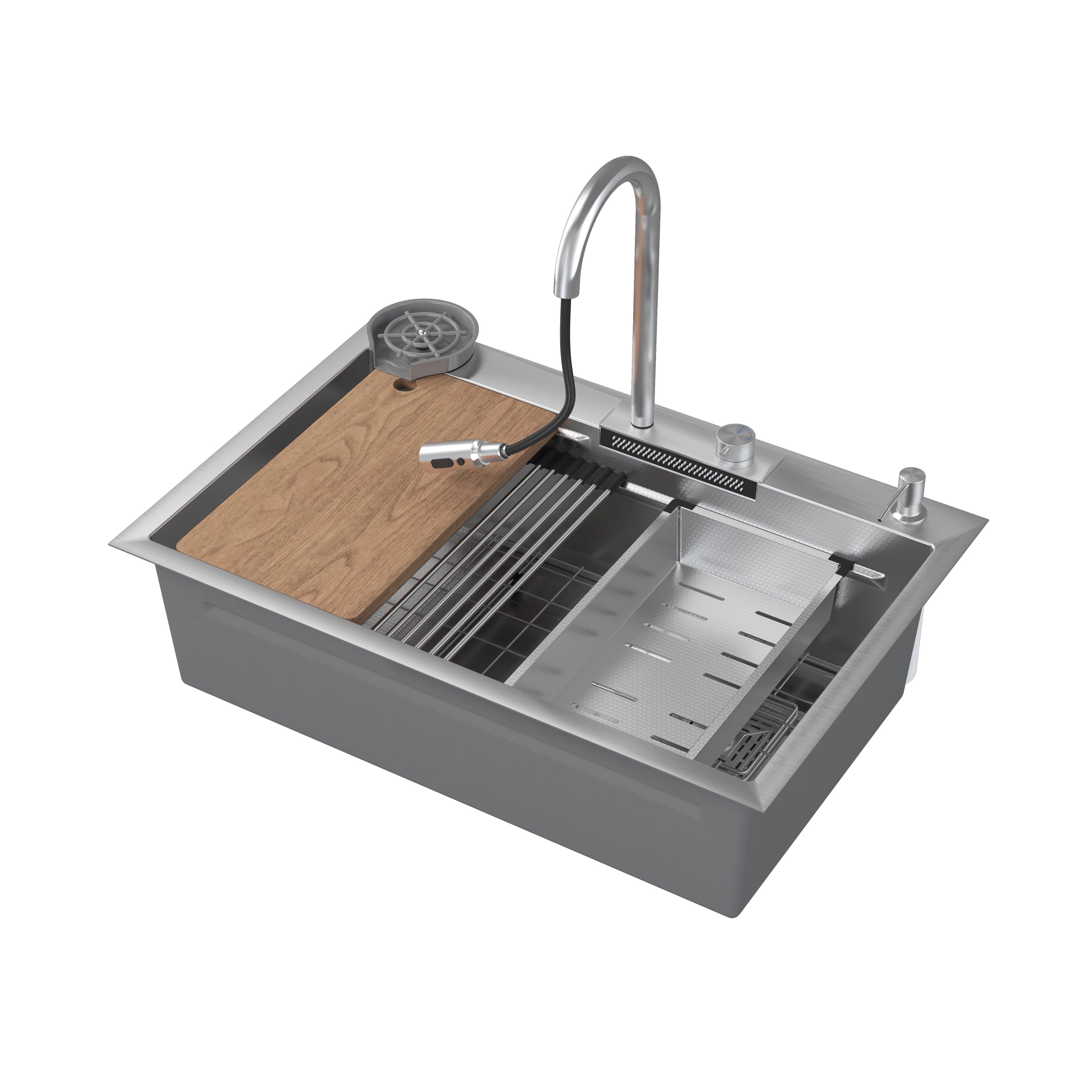 Famapy - Workstation Kitchen Sink with Faucet, Drop-in Single Bowl Sink with Cup Washer & Control Knob - Matte Silver