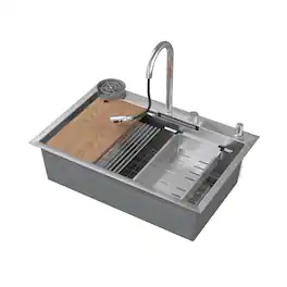 Famapy - Workstation Kitchen Sink with Faucet, Drop-in Single Bowl Sink with Cup Washer & Control Knob - Matte Silver