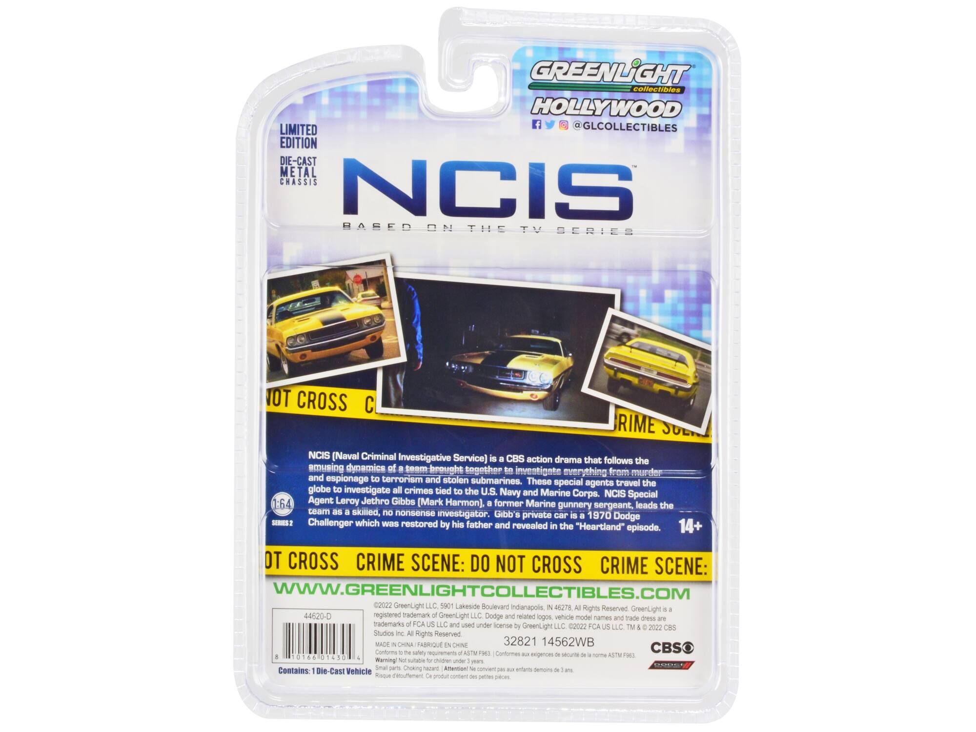 GREENLIGHT collectibles HOLLYWOOD LIMITED EDITION DIE-CAST METAL CHASSIS  
NCIS  
BASED ON THE TV SERIES  

NCIS (Naval Criminal Investigative Service) is a CBS action drama that follows the amusing dynamics of a team brought together to investigate everything from murder and espionage to terrorism and stolen submarines. These special agents travel the globe to investigate all crimes tied to the U.S. Navy and Marine Corps. NCIS Special Agent Leroy Jethro Gibbs (Mark Harmon), a former Marine, leads the team as a skilled, no-nonsense investigator. Gibbs' private car, a 1970 Dodge Challenger, was restored by his father and revealed in the "Heartland" episode.  

CRIME SCENE: DO NOT CROSS  
CRIME SCENE:  
WWW.GREENLIGHTCOLLECTIBLES.COM  

©2022 GreenLight LLC 5901 Lakeside Boulevard Indianapolis 46278 Rights Reserved GreenLight 44520-D registered trademark GreenLight LLC Dodge and related logos vehicle model names  

Contains: 1 Die-Cast Vehicle  

NCIS  
CRIME SCENE: DO NOT CROSS  
CRIME SCENE:  
WWW.GREENLIGHTCOLLECTIBLES.COM  

©