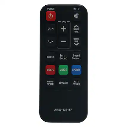POWER MUTE D.IN VOL + WOOFER LEVEL AUX WOOFER LEVEL Bluetooth Surr. Sound Sound Connect MUSIC VOICE SPORTS Bluetooth POWER STANDARD AUTO POWER AH59-02615F