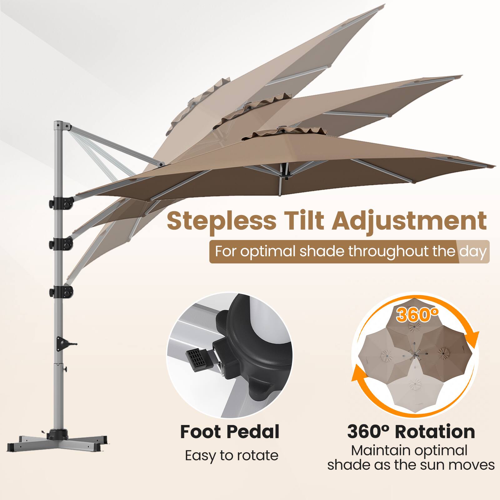 Stepless Tilt Adjustment For optimal shade throughout the day

360°

Foot Pedal Easy to rotate

360° Rotation Maintain optimal shade as the sun moves