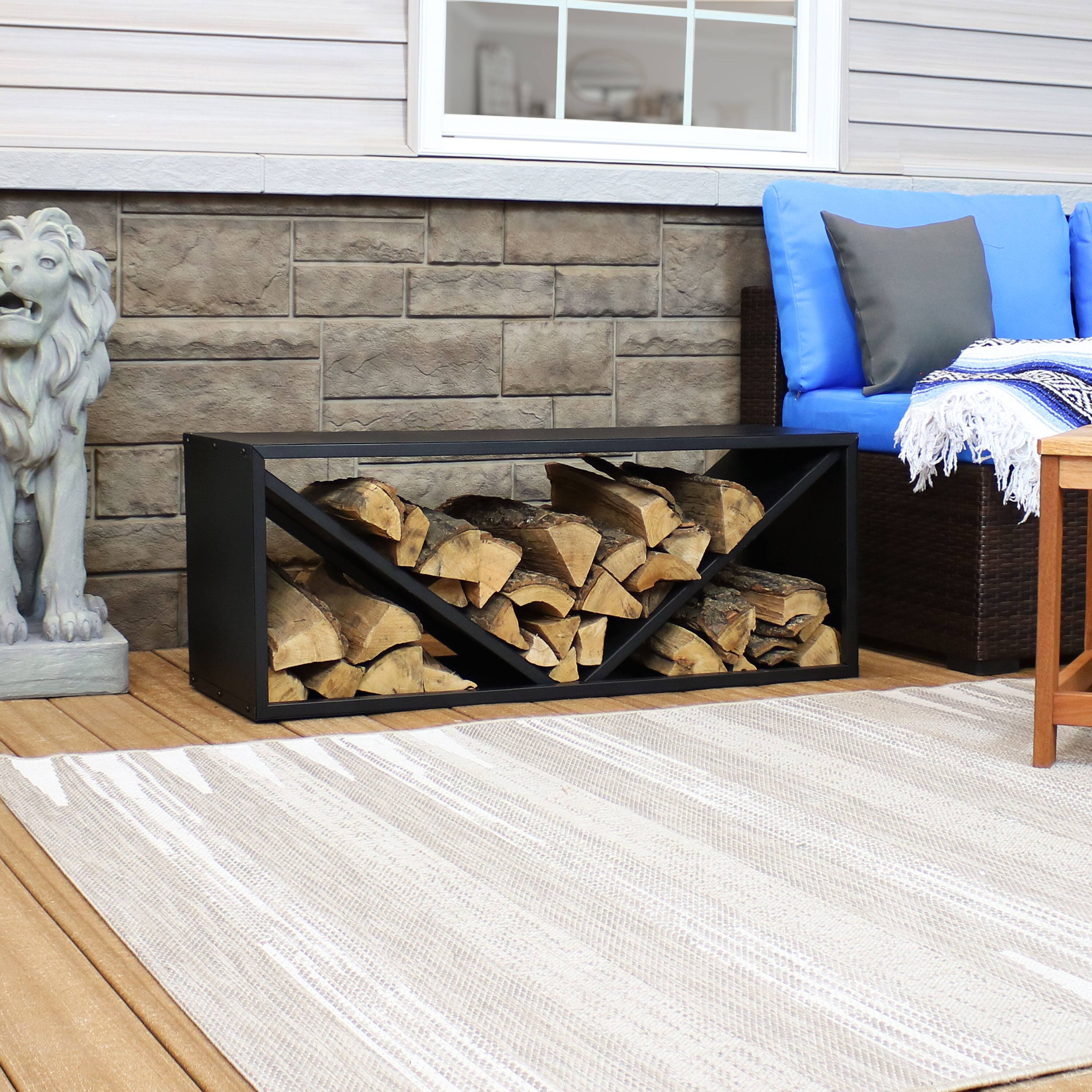 Alt View 4. Sunnydaze - 41 in Triple Triangle Steel Firewood Log Rack - Black.