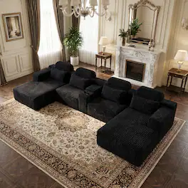 Anysun - 143.7" U-Shaped Velvet Sectional Sofa with Chaise Lounge & Cup Holders, Extra Large Modular Couch for Home - Black