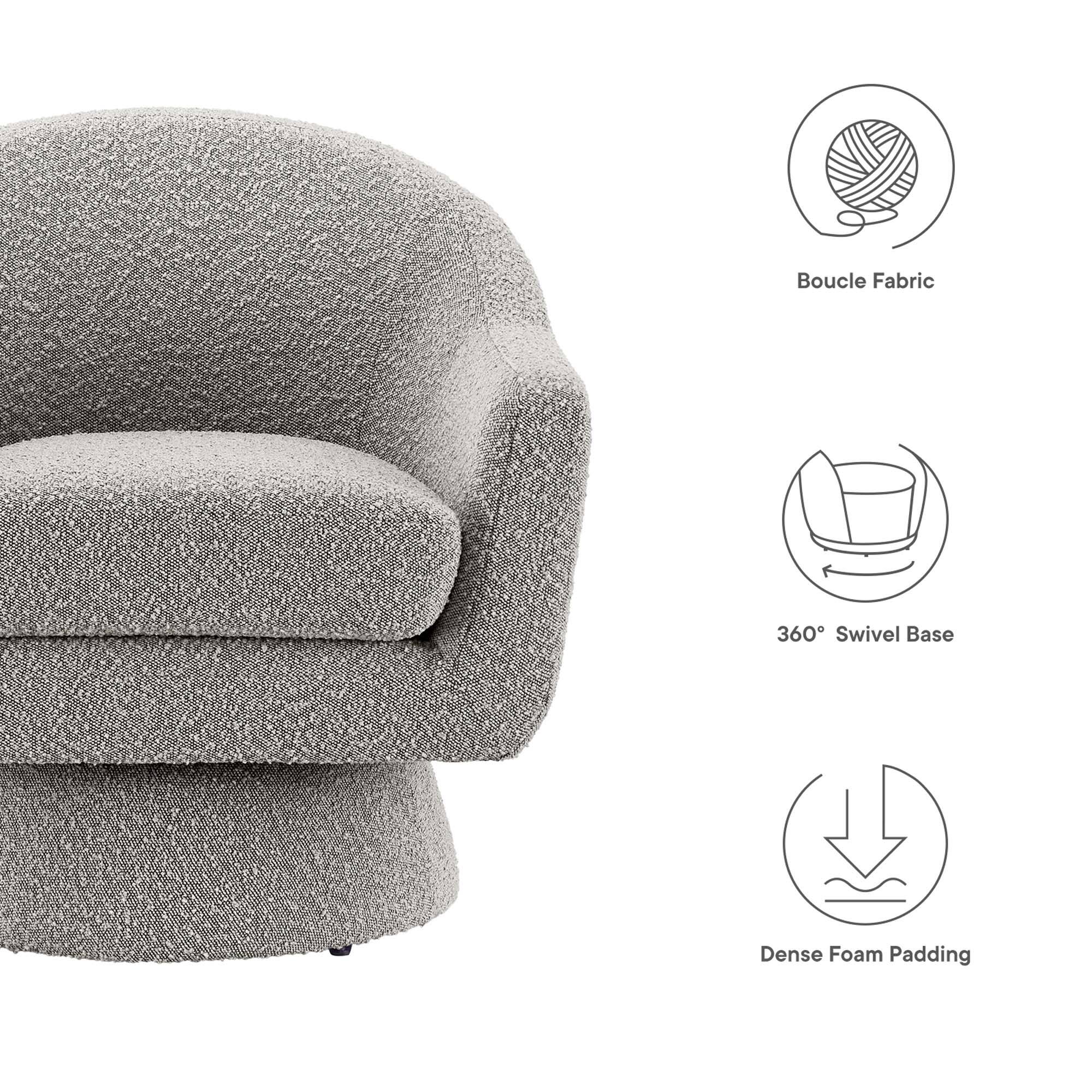 - Boucle Fabric
- 360° Swivel Base
- Dense Foam Padding