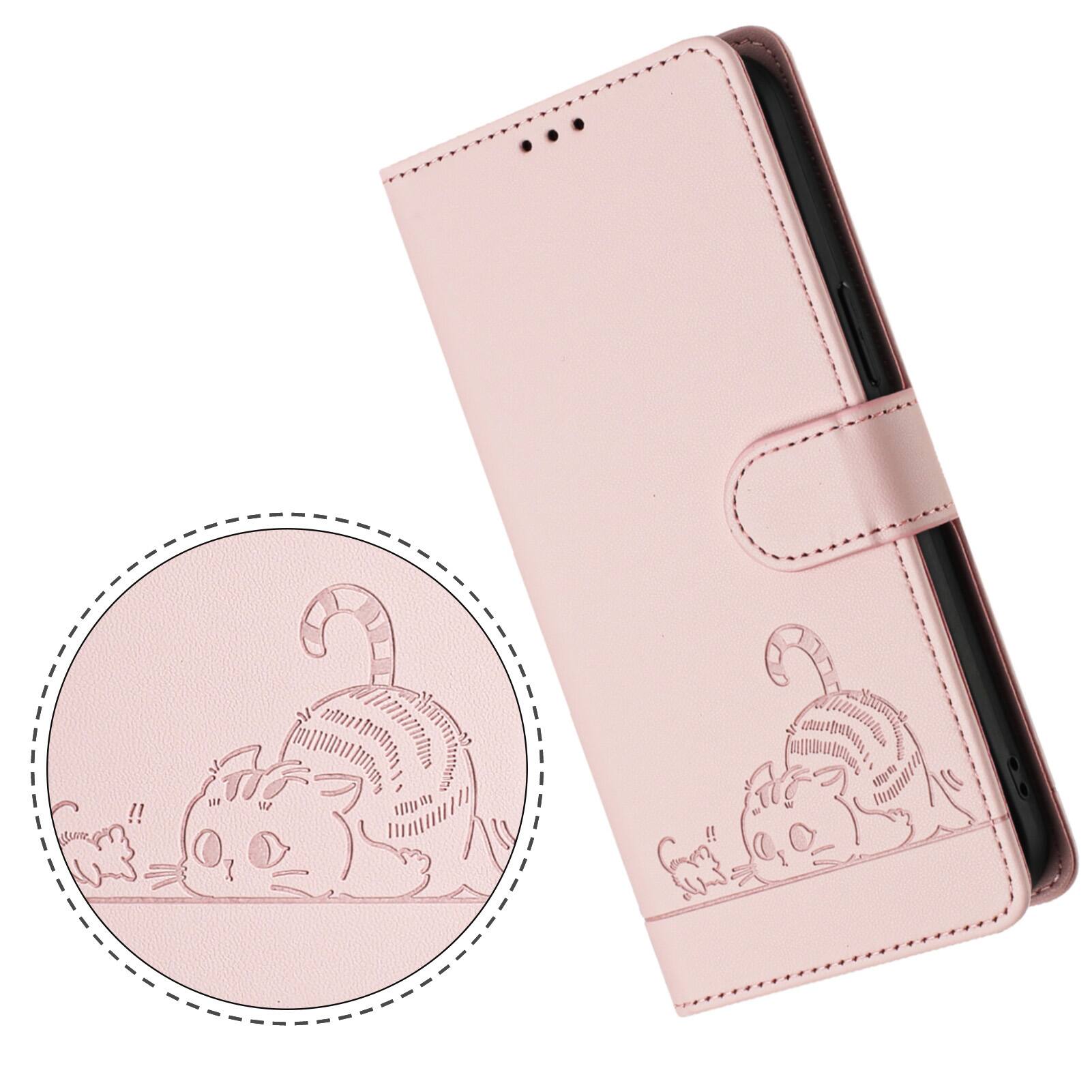 Angle. Dteck - Cat Pattern Crossbody Wallet Case for Samsung Galaxy A37 5G with Card Slots, RFID PU Leather Protective Stand Cover - Pink.