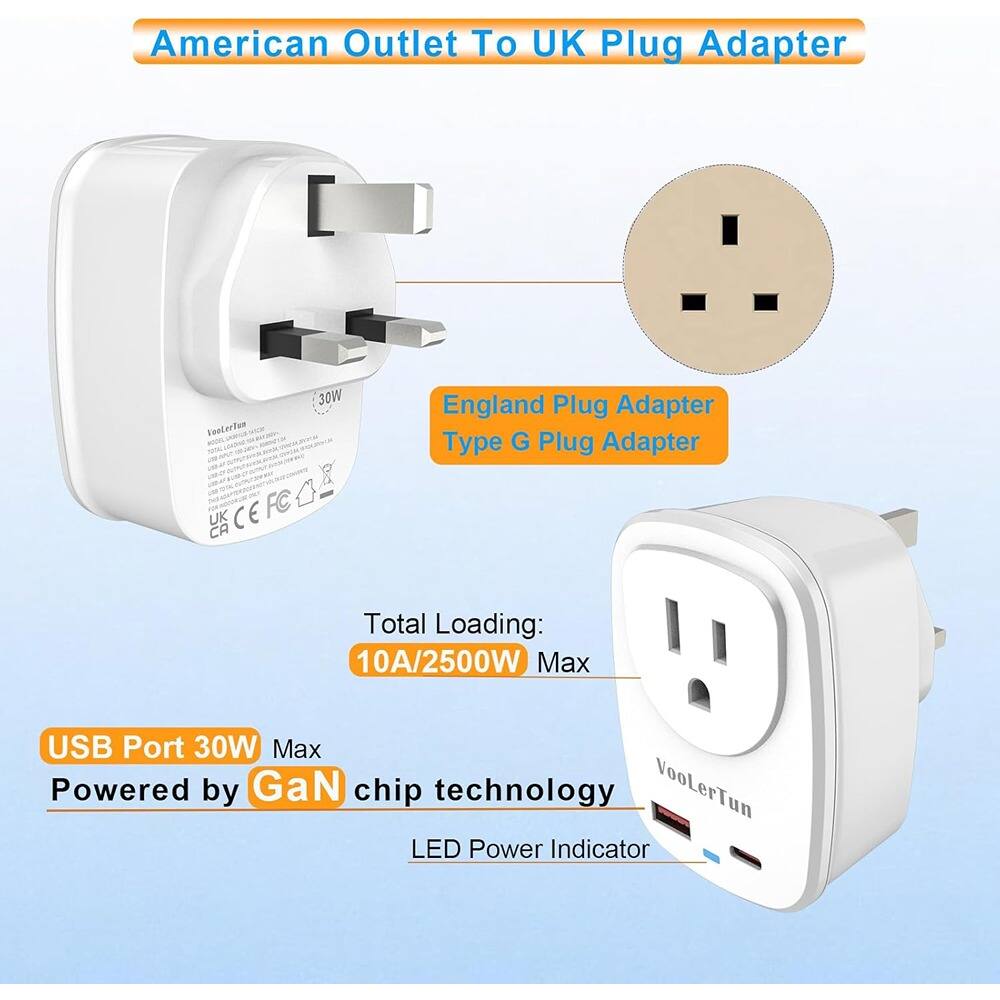 American Outlet To UK Plug Adapter

- England Plug Adapter
- Type G Plug Adapter

Total Loading: 10A/2500W Max

USB Port 30W Max

Powered by GaN chip technology

LED Power Indicator