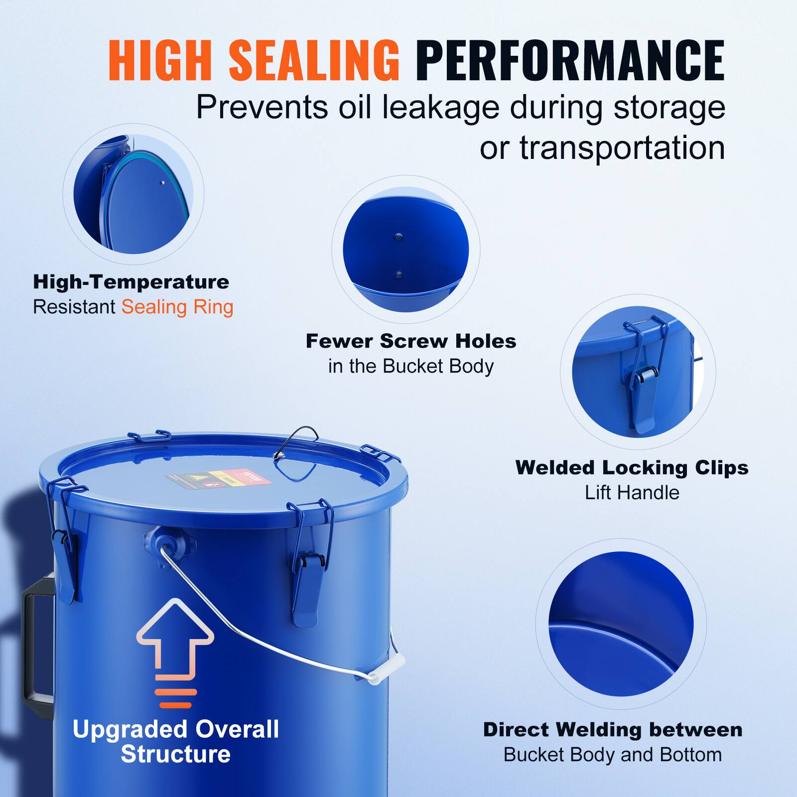HIGH SEALING PERFORMANCE  
Prevents oil leakage during storage or transportation  

- High-Temperature Resistant Sealing Ring  
- Fewer Screw Holes in the Bucket Body  
- Welded Locking Clips Lift Handle  
- Upgraded Overall Structure  
- Direct Welding between Bucket Body and Bottom