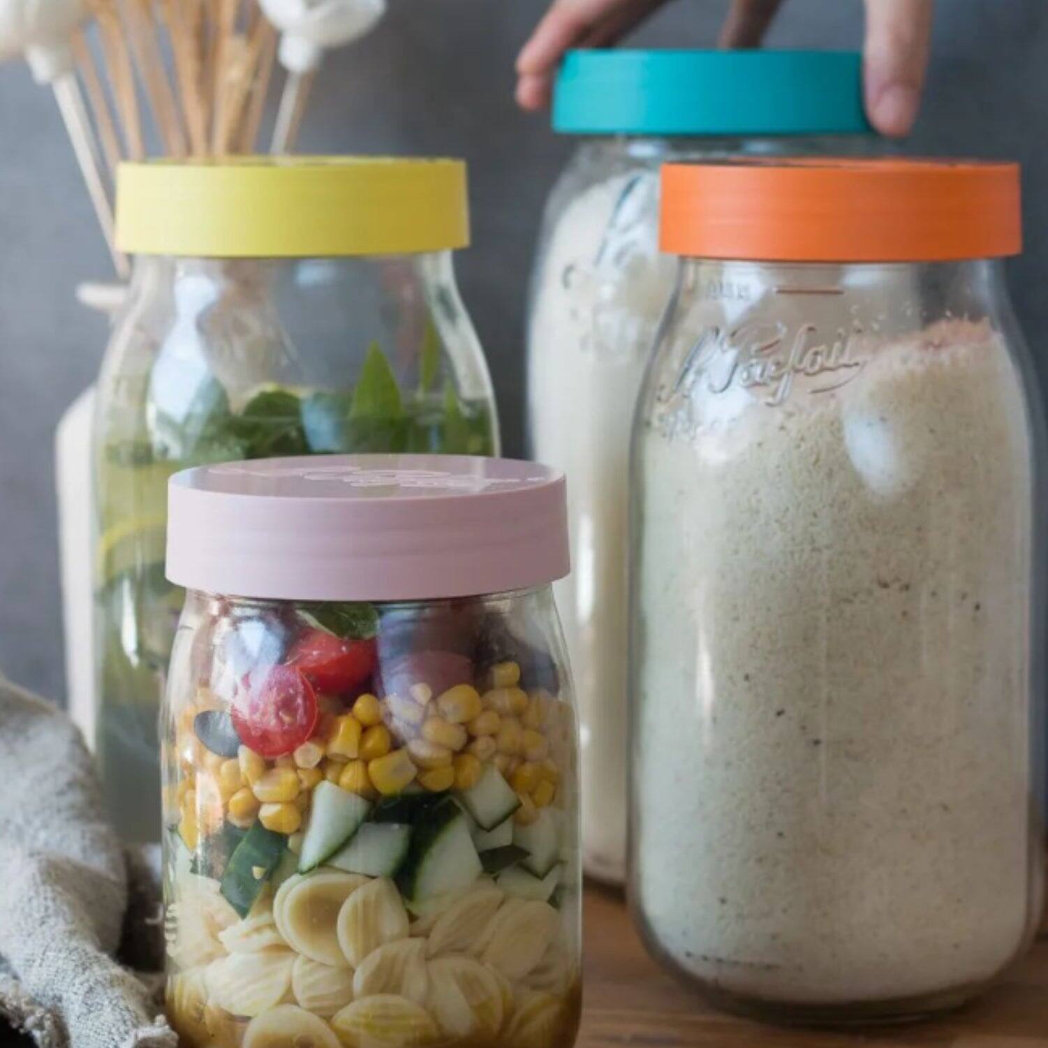 Alt View 2. Le Parfait - Screw Top Jar - 2L Wide Mouth French Glass Canning Jar w/ Color Plastic Lid, 64oz/2 Quarts (Pack of 3) - RED.