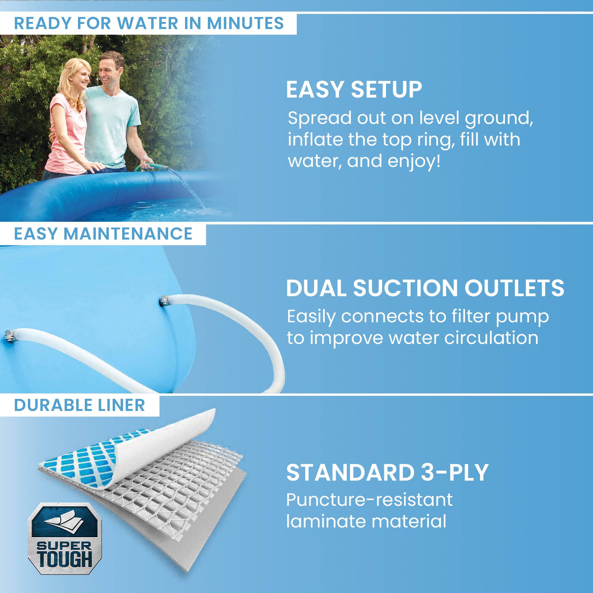 READY FOR WATER IN MINUTES

EASY SETUP
Spread out on level ground, inflate the top ring, fill with water, and enjoy!

EASY MAINTENANCE

DUAL SUCTION OUTLETS
Easily connects to filter pump to improve water circulation

DURABLE LINER

STANDARD 3-PLY
Puncture-resistant laminate material

SUPER TOUGH